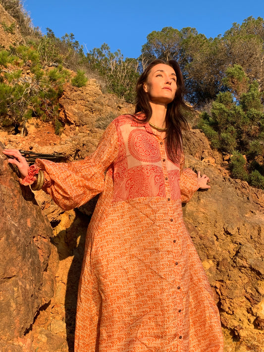 The Lenya Up-cycled Vintage Sari Dress – Sustainable Boho Dress with Oversized Sleeves Matching Scrunchy & Storage Bag