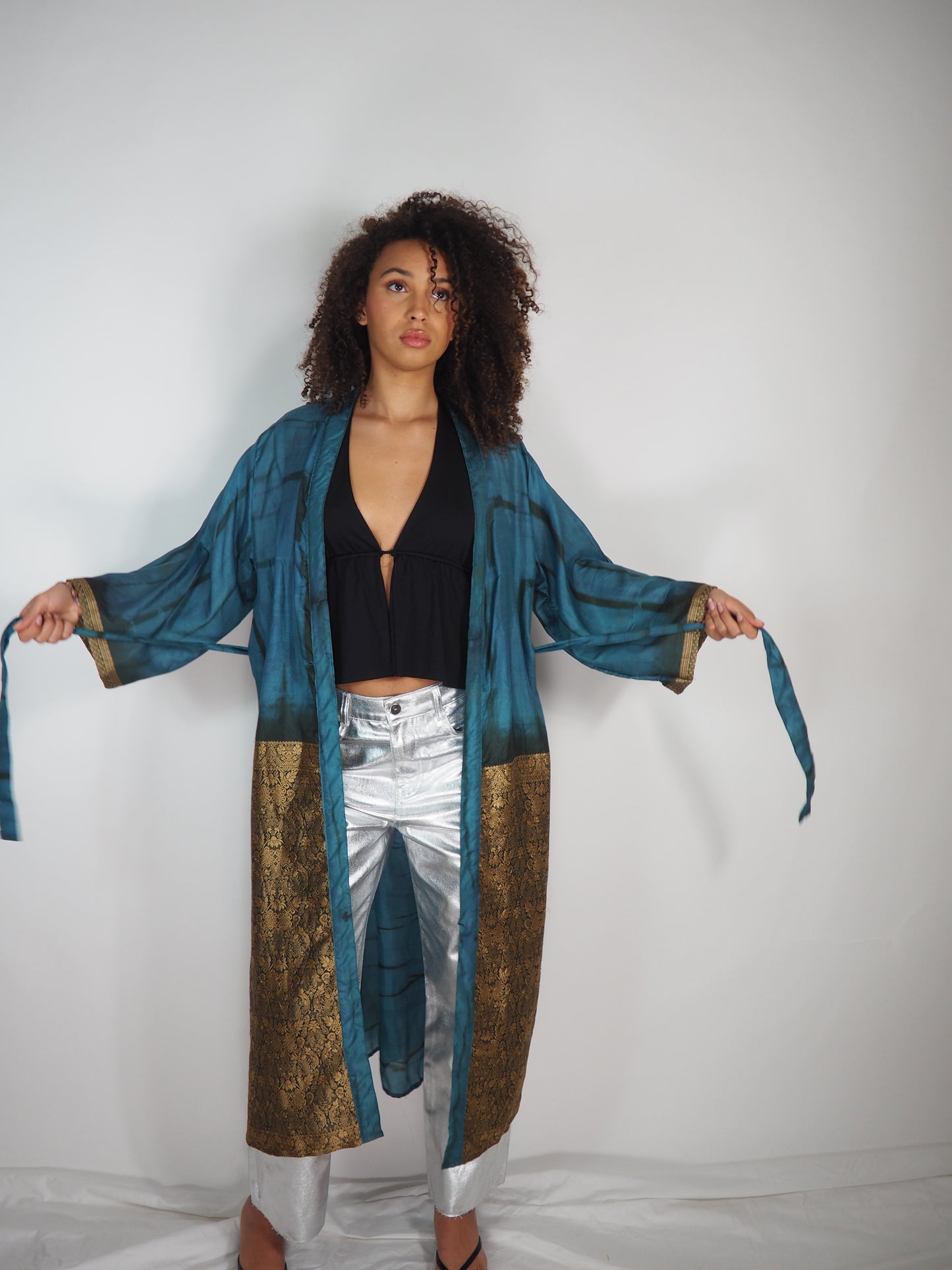 The Kardash Long Kimono – Up-cycled Vintage Sari long Kimono Robe with Waist Tie + Matching Scrunchy & Storage Bag