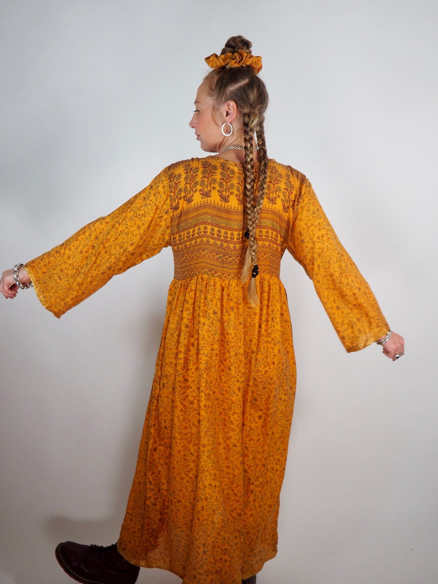 The Vadella Up-cycled Vintage Re-cycled Sari Maxi Dress – Sustainable Boho Dress with Tie Neck Detail + Matching Scrunchy & Bag