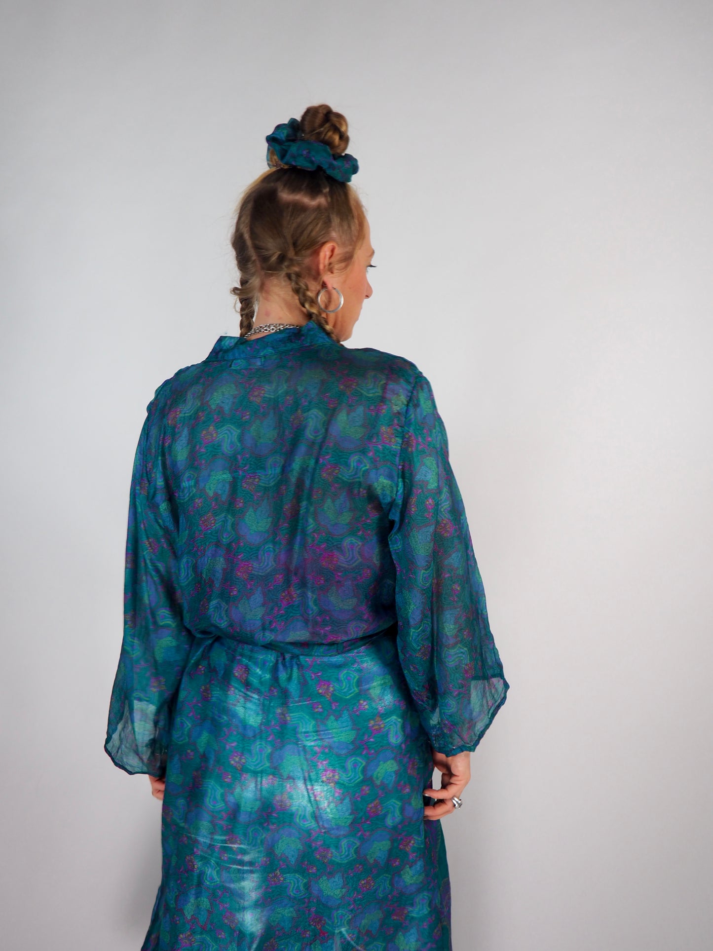 The Kardash Long Kimono – Up-cycled Vintage Sari long Kimono Robe with Waist Tie + Matching Scrunchy & Storage Bag