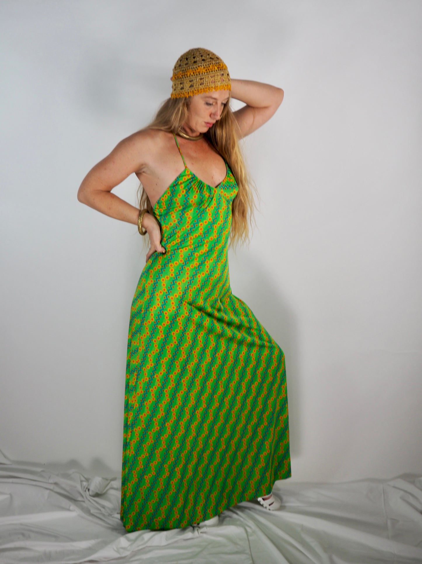 1970s Vintage Maxi Dress - Psychedelic Green Print