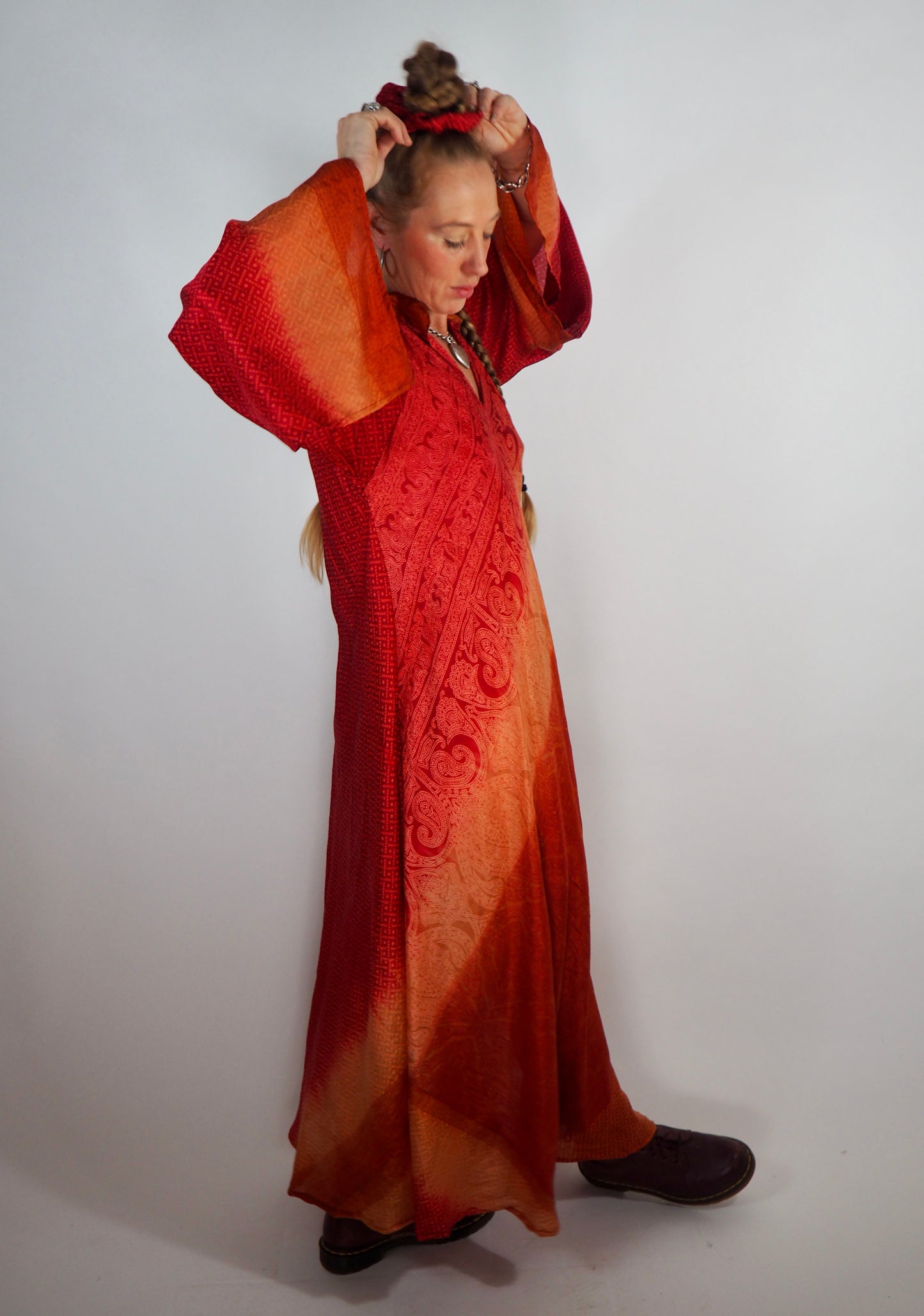 The Diamond Bias-Cut Maxi Dress – Up-cycled Vintage Sari Sustainable Dress with angel Sleeves + Matching Scrunchy & Bag