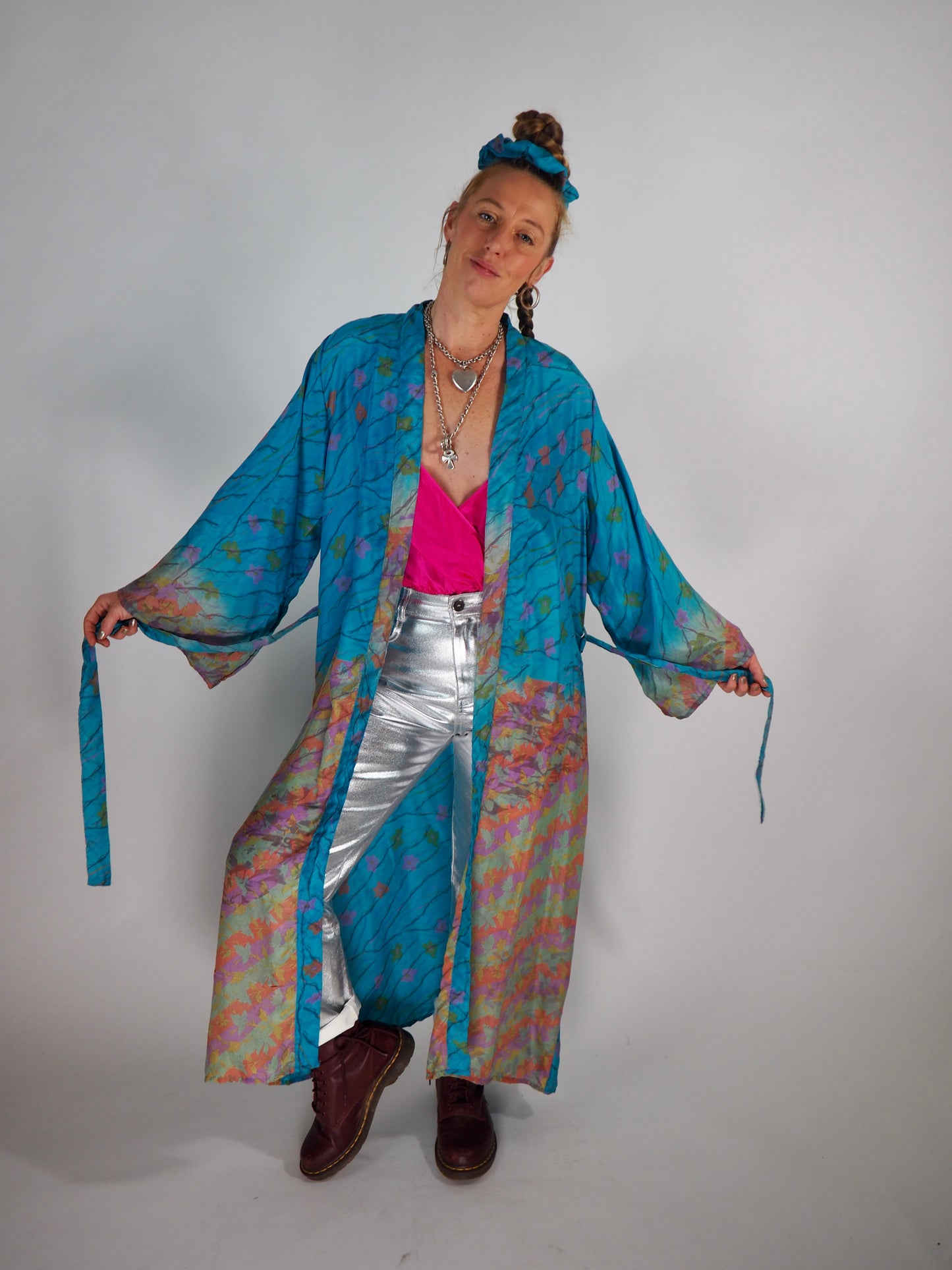 The Kardash Long Kimono – Up-cycled Vintage Sari long Kimono Robe with Waist Tie + Matching Scrunchy & Storage Bag