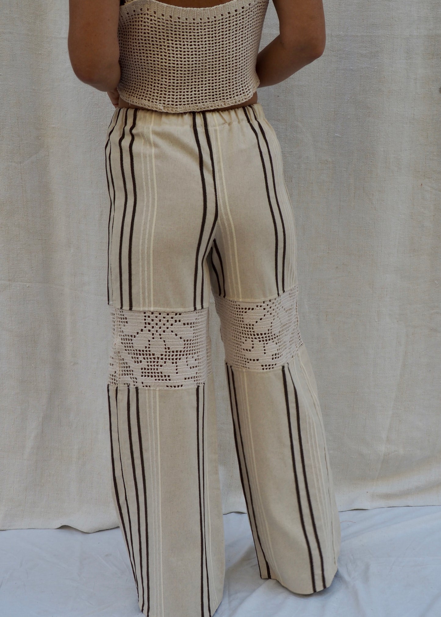 Up-cycled Vintage Linen & Crochet Patchwork Pants – Handmade by Vagabond Ibiza