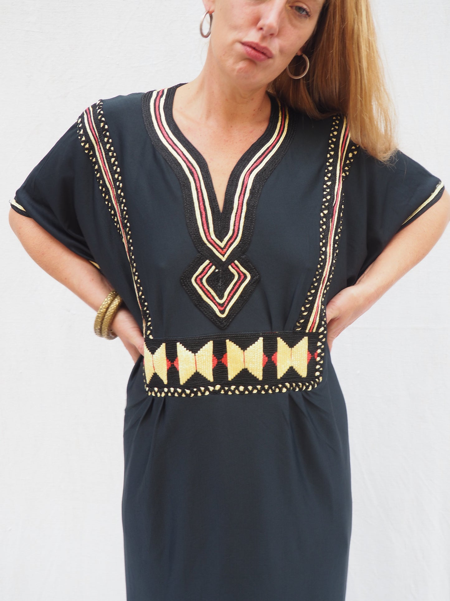 Vintage Black Polyester Kaftan with Gold Detail