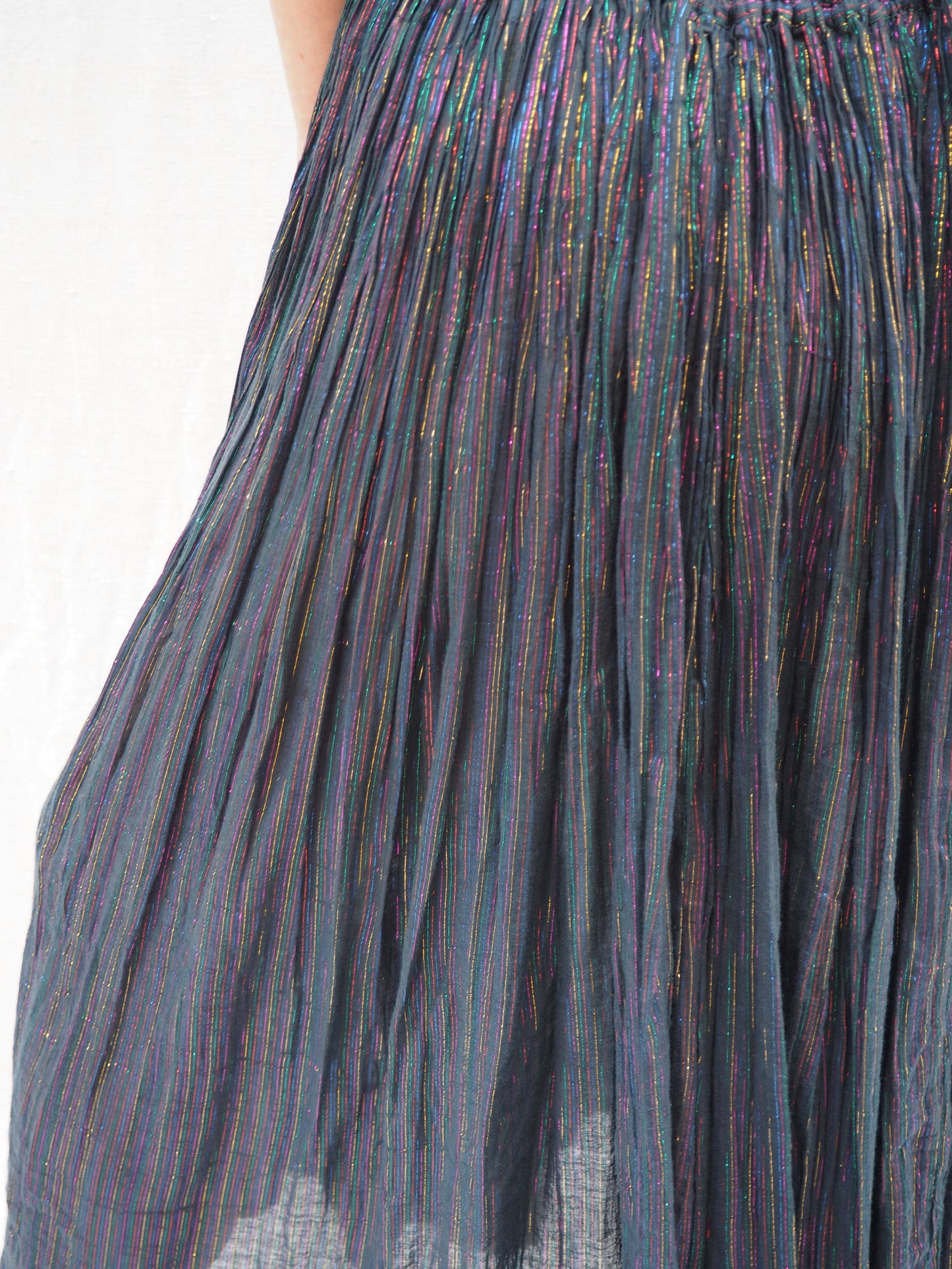 Vintage 1970s Indian Cotton Gauze Skirt with Rainbow Metallic Thread