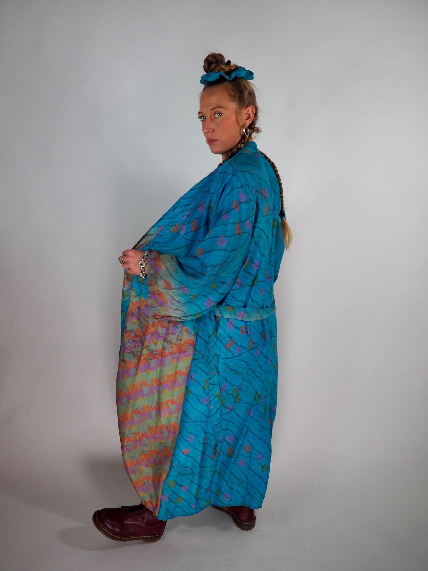 The Kardash Long Kimono – Up-cycled Vintage Sari long Kimono Robe with Waist Tie + Matching Scrunchy & Storage Bag