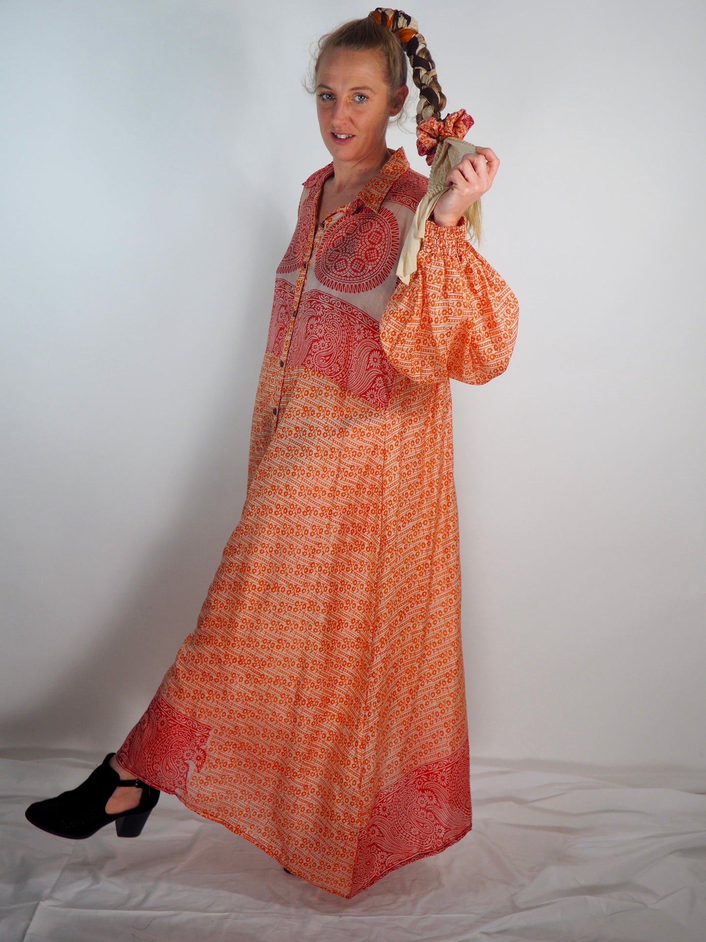 The Lenya Up-cycled Vintage Sari Dress – Sustainable Boho Dress with Oversized Sleeves Matching Scrunchy & Storage Bag