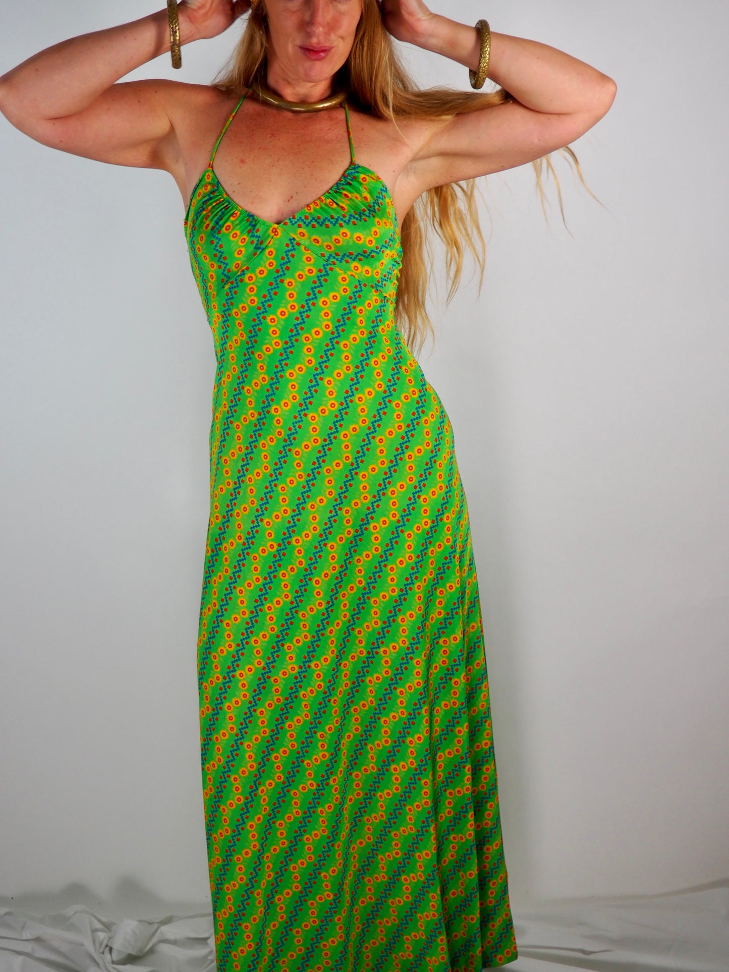 1970s Vintage Maxi Dress - Psychedelic Green Print