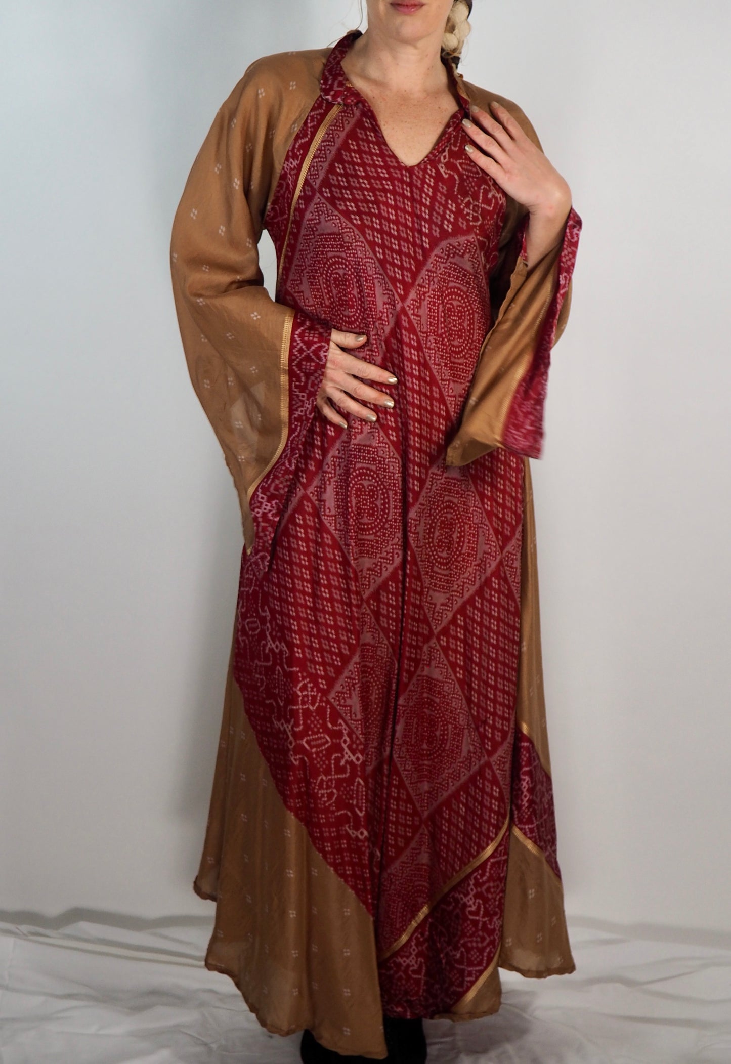 The Diamond Bias-Cut Maxi Dress – Up-cycled Vintage Sari Sustainable Dress with angel Sleeves + Matching Scrunchy & Bag