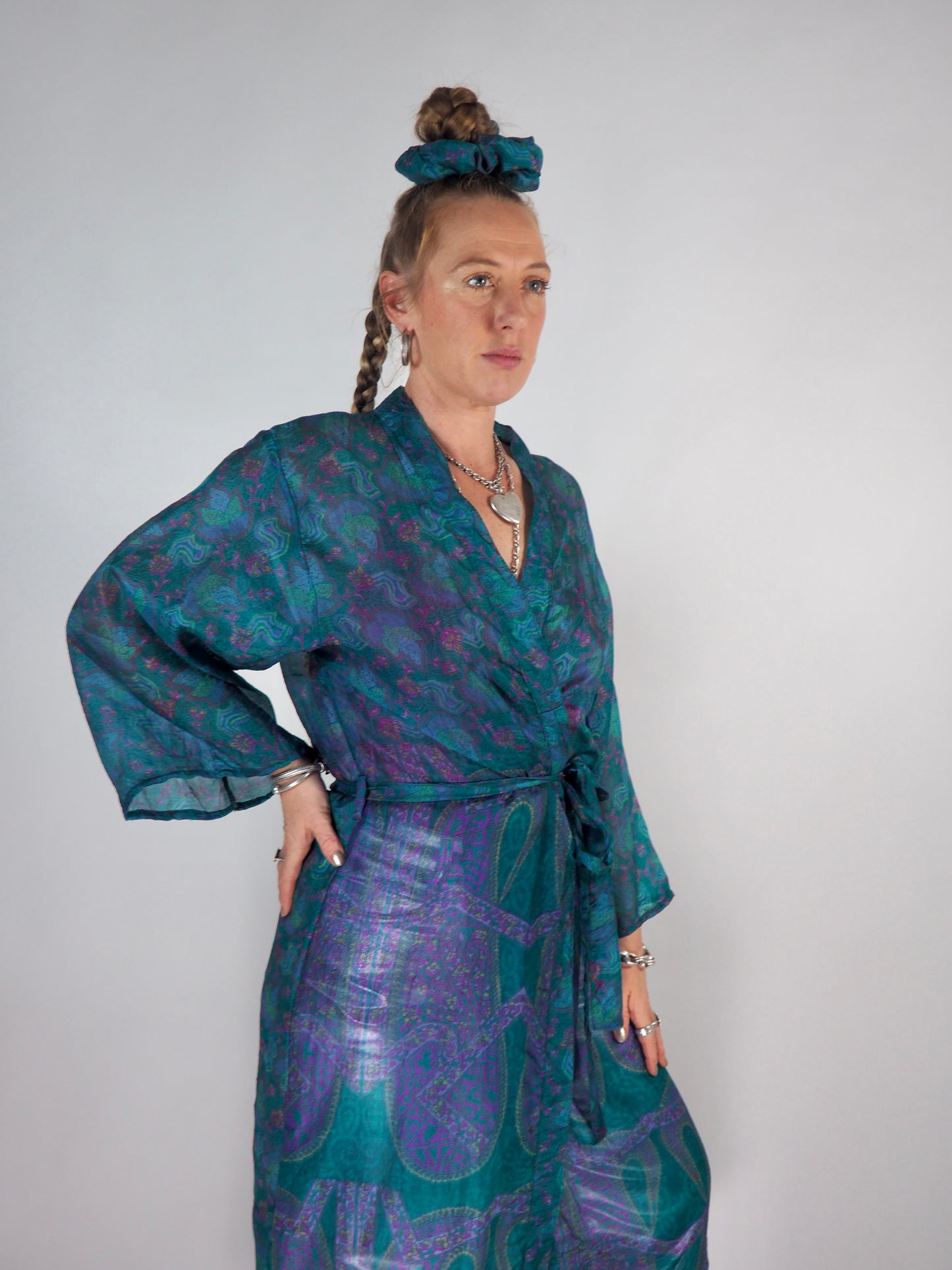 The Kardash Long Kimono – Up-cycled Vintage Sari long Kimono Robe with Waist Tie + Matching Scrunchy & Storage Bag