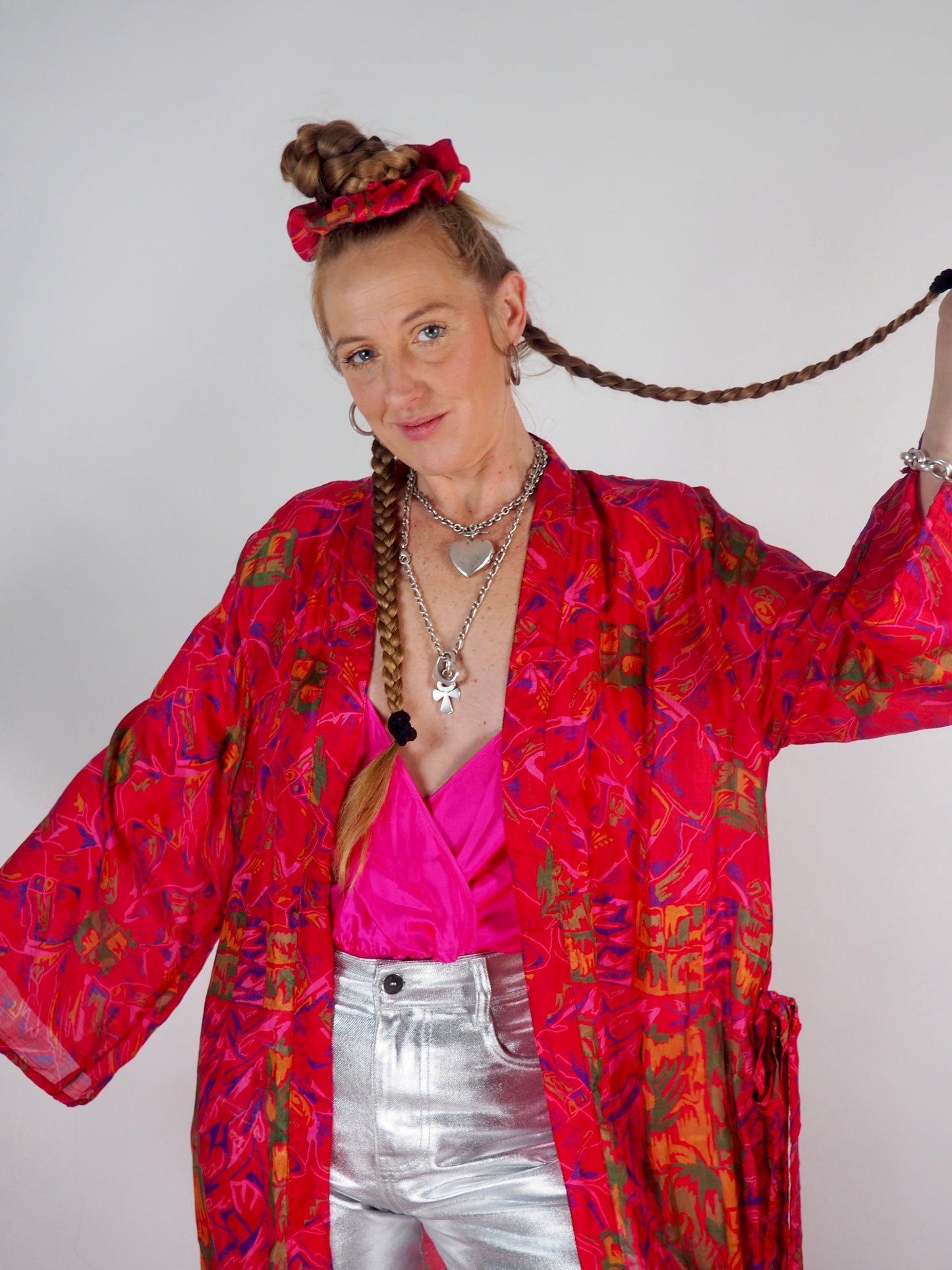 The Kardash Long Kimono – Up-cycled Vintage Sari long Kimono Robe with Waist Tie + Matching Scrunchy & Storage Bag