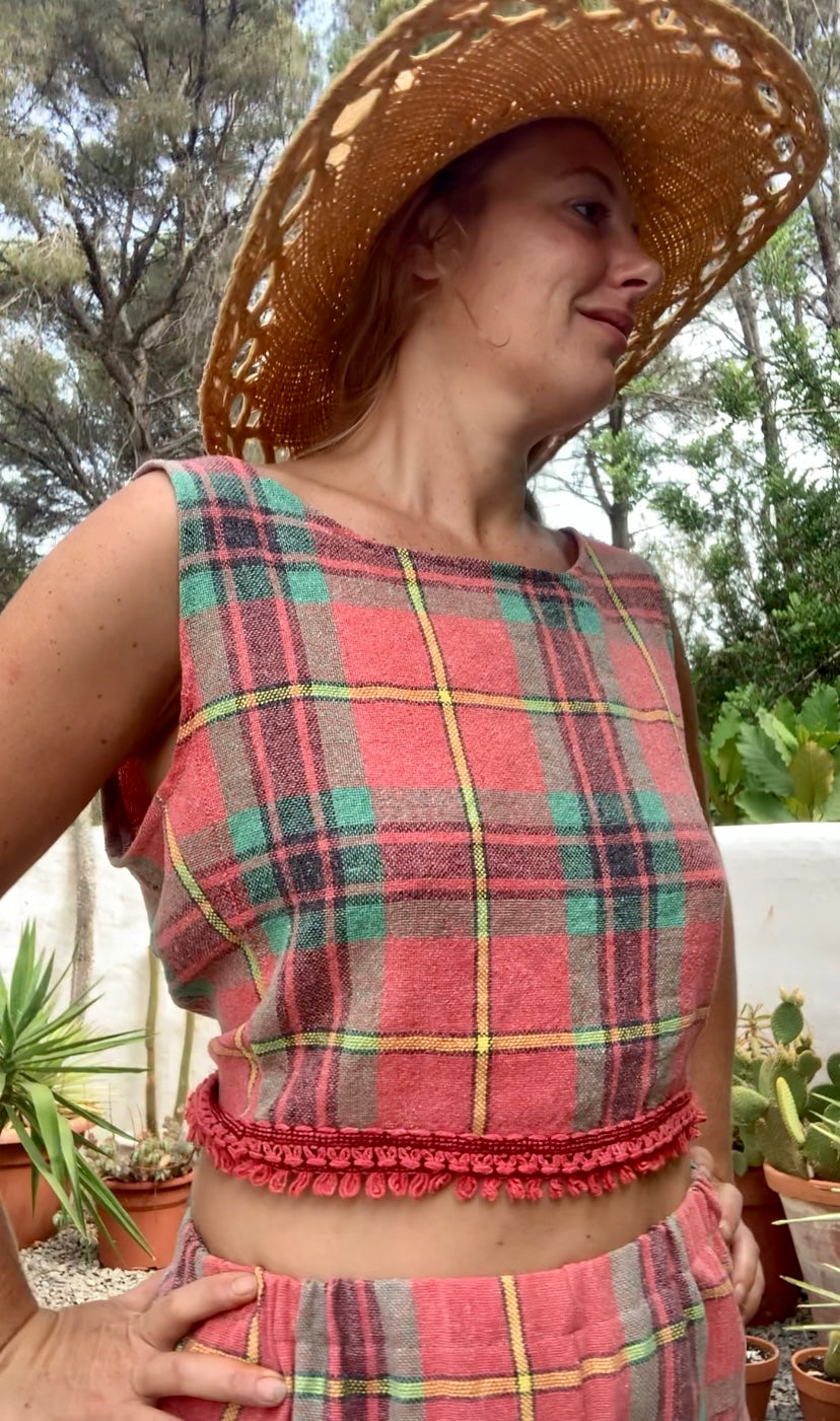 Vintage red and green 1970’s checked table cloth reversible tie crop top by Vagabond Ibiza