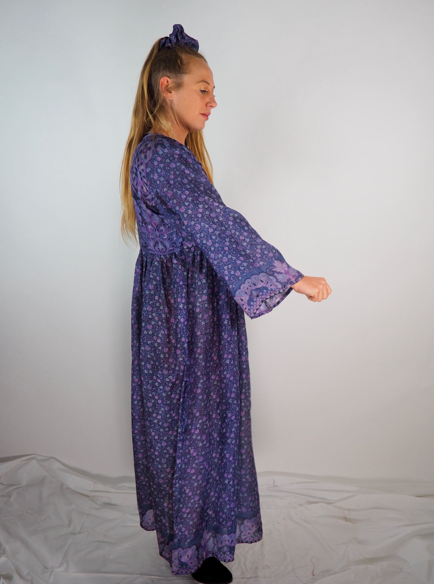 The Vadella Up-cycled Vintage Re-cycled Sari Maxi Dress – Sustainable Boho Dress with Tie Neck Detail + Matching Scrunchy & Bag