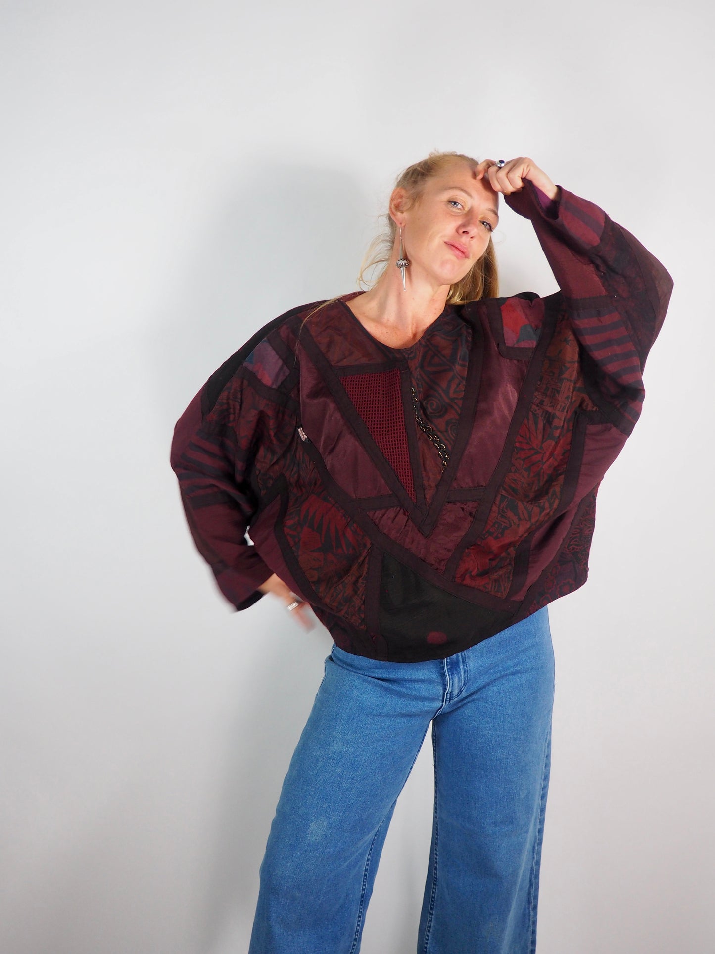 Vintage 1980s Quilted Patchwork Jumper – Deep Red