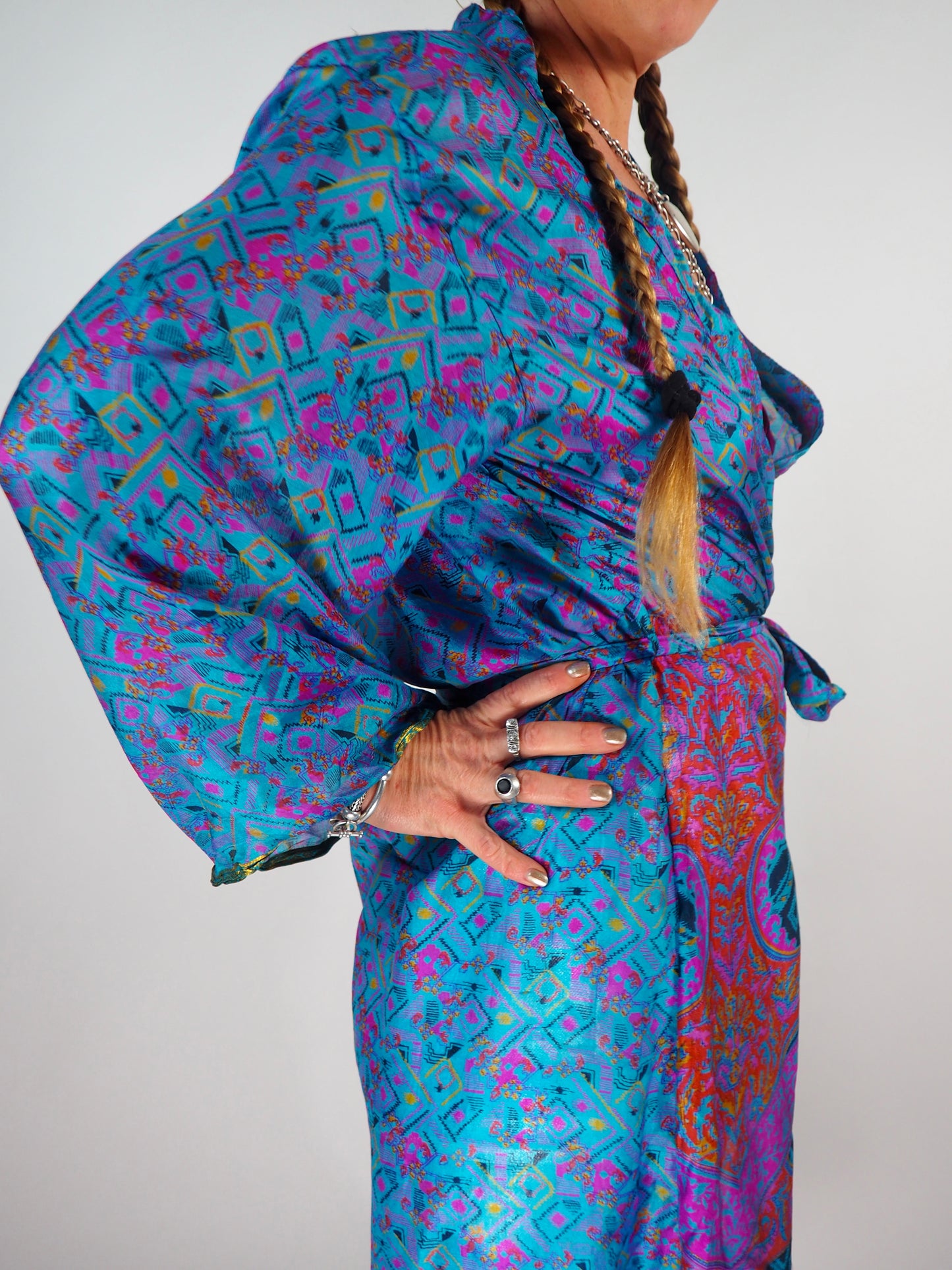 The Kardash Long Kimono – Up-cycled Vintage Sari long Kimono Robe with Waist Tie + Matching Scrunchy & Storage Bag