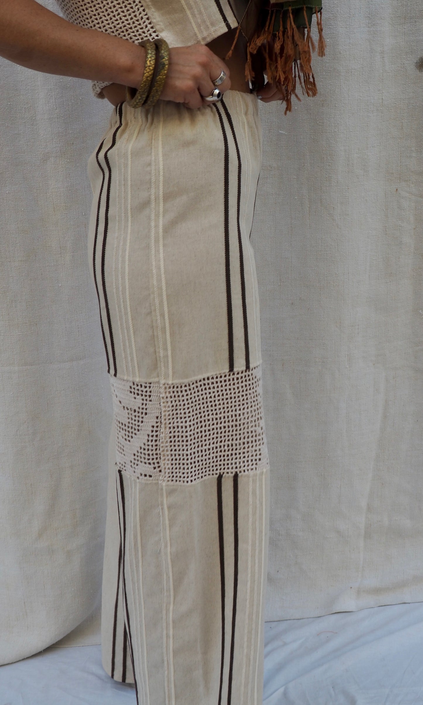 Up-cycled Vintage Linen & Crochet Patchwork Pants – Handmade by Vagabond Ibiza