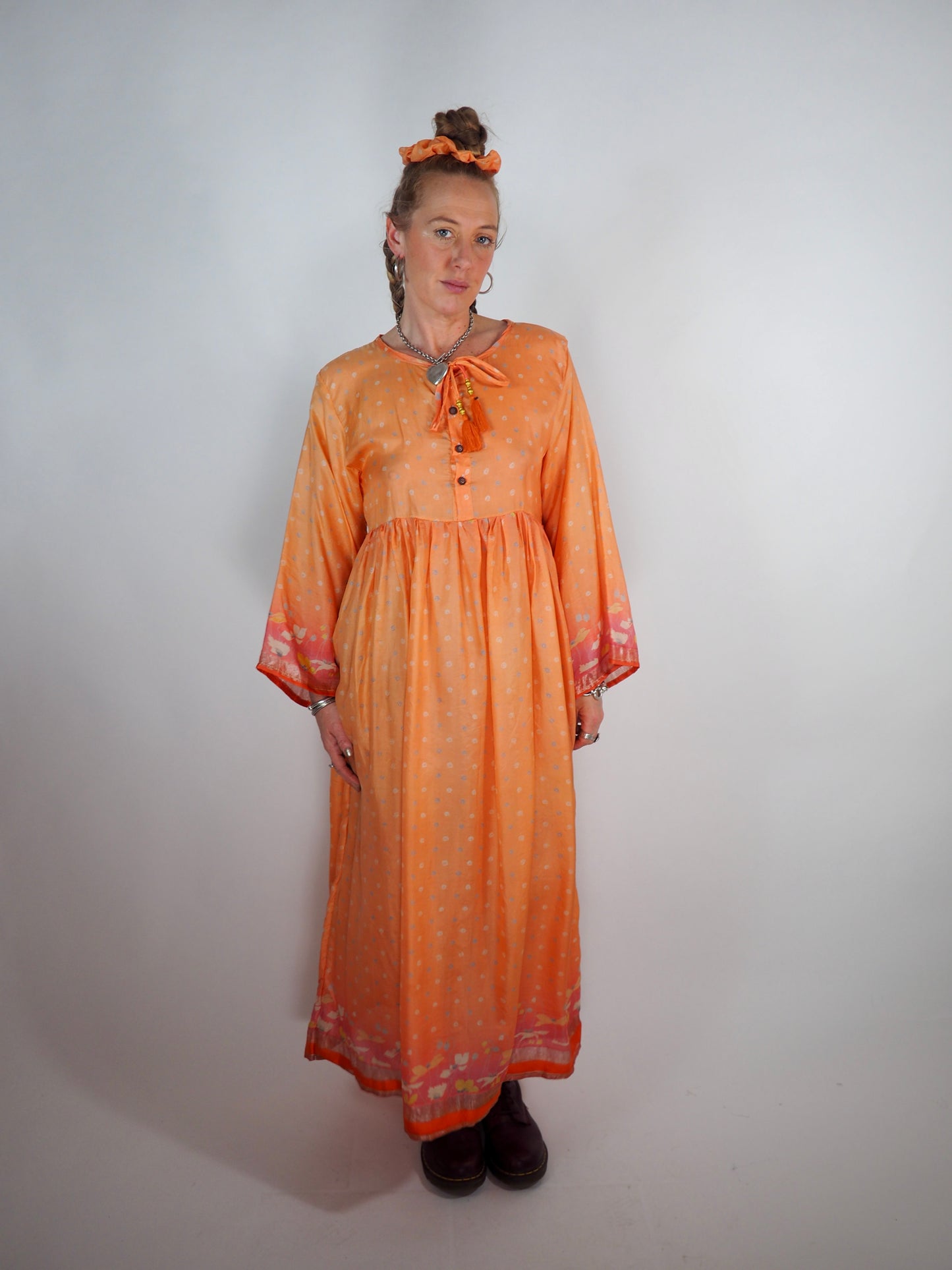 The Vadella Up-cycled Vintage Re-cycled Sari Maxi Dress – Sustainable Boho Dress with Tie Neck Detail + Matching Scrunchy & Bag