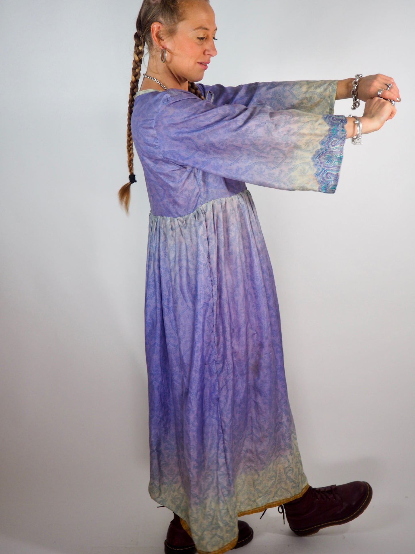 The Vadella Up-cycled Vintage Re-cycled Sari Maxi Dress – Sustainable Boho Dress with Tie Neck Detail + Matching Scrunchy & Bag