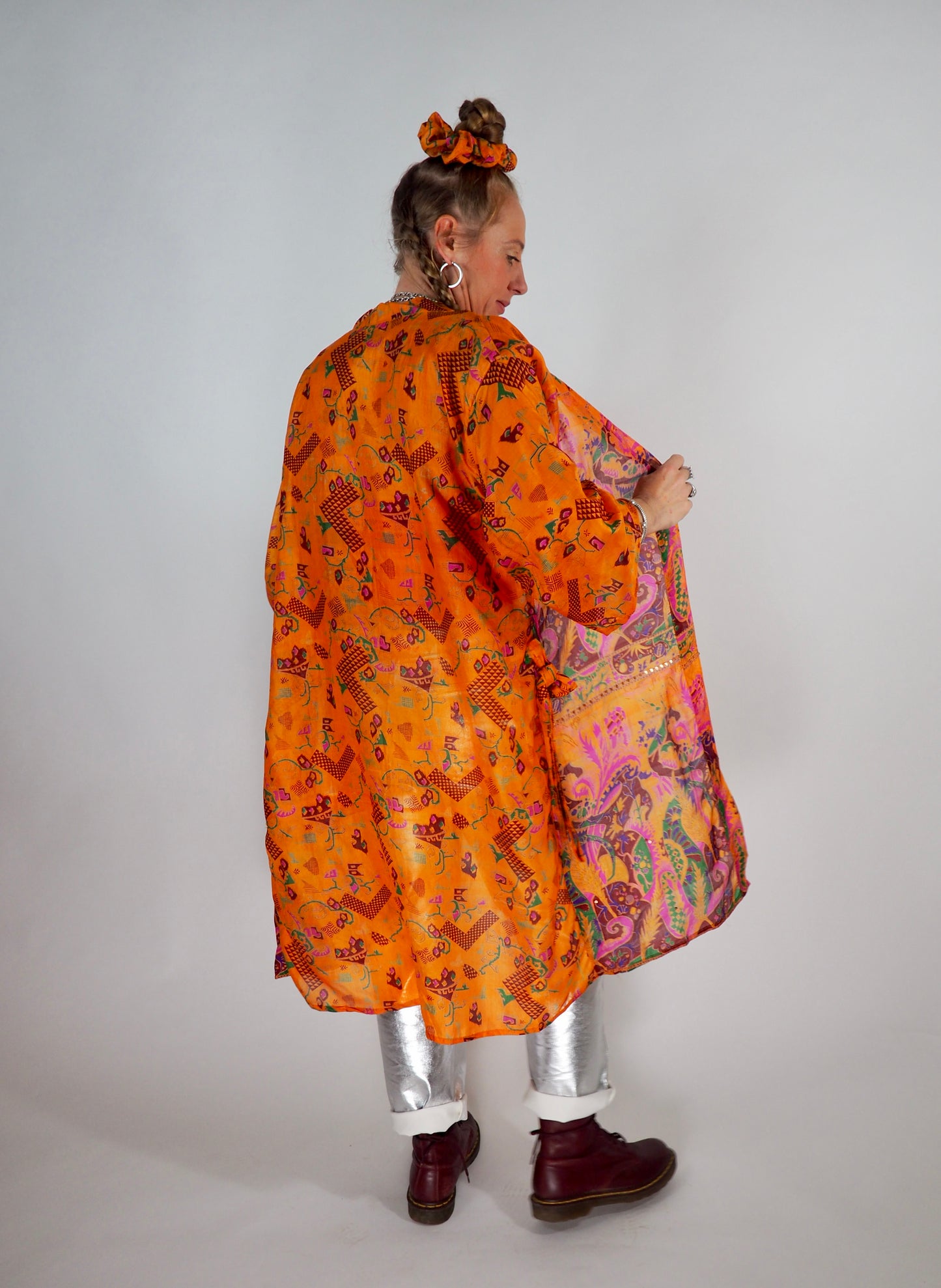 The Kardash Medium-Length Kimono – Up-cycled Vintage Sari Kimono Jacket with Waist Tie + Matching Scrunchy & Storage Bag