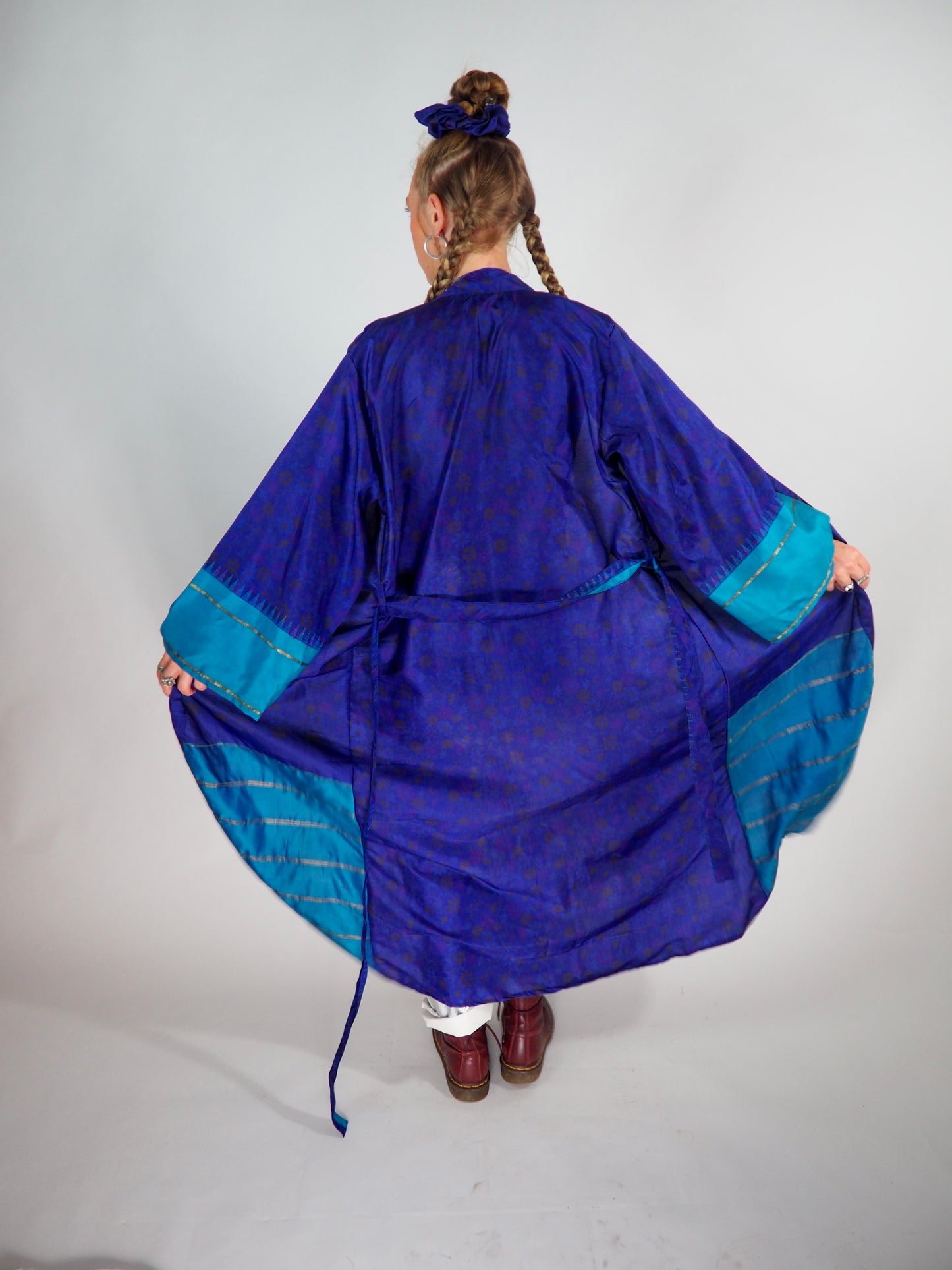 The Kardash Long Kimono – Up-cycled Vintage Sari long Kimono Robe with Waist Tie + Matching Scrunchy & Storage Bag