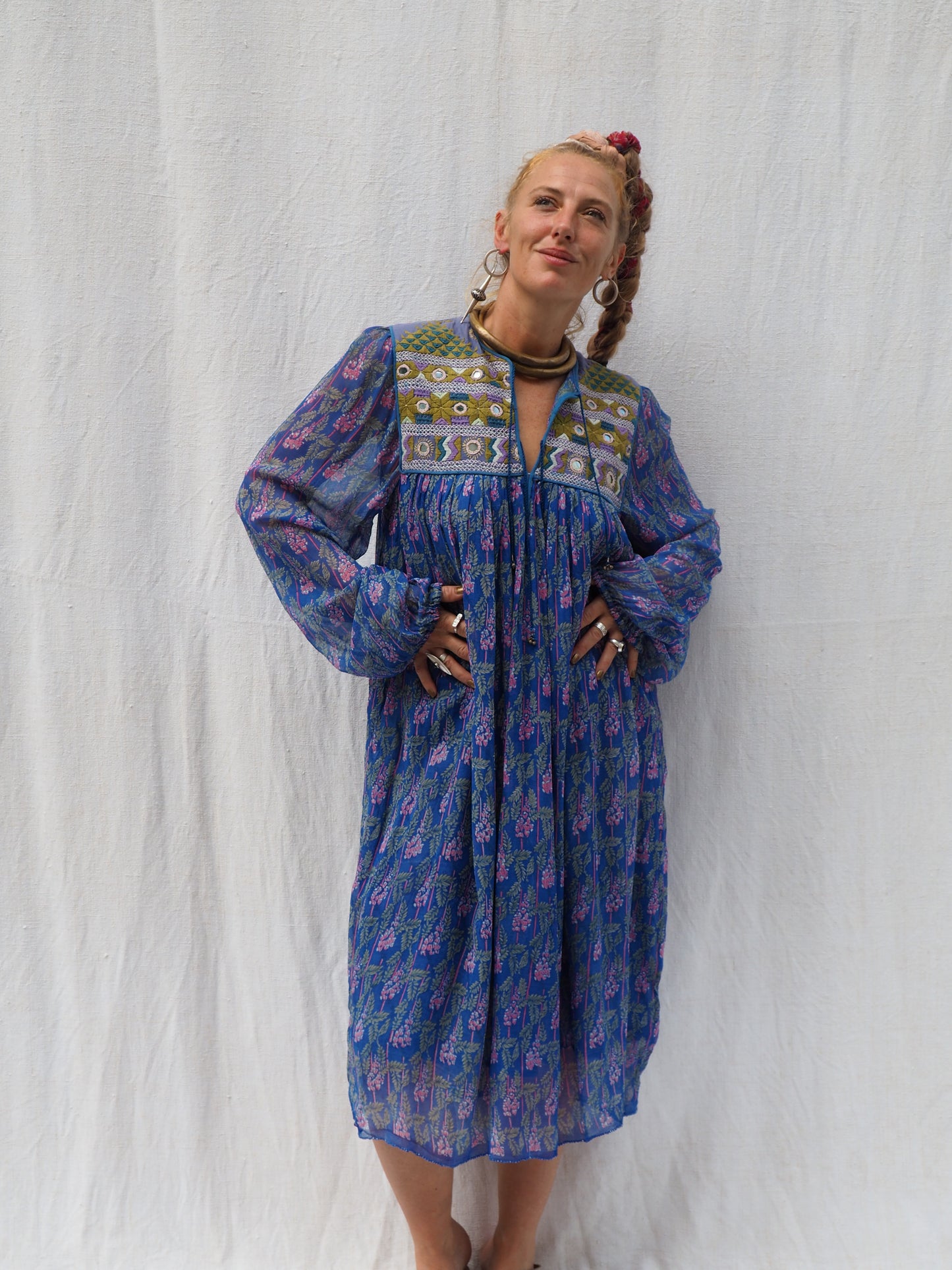 Vintage 1970s Indian Dress with Hand-Embroidered Panel