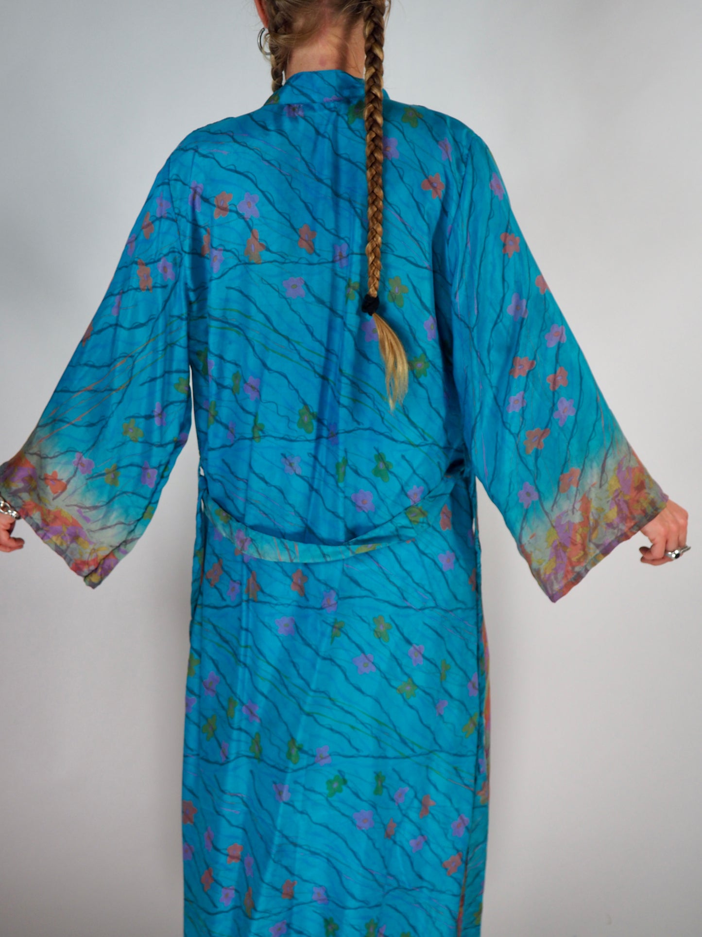 The Kardash Long Kimono – Up-cycled Vintage Sari long Kimono Robe with Waist Tie + Matching Scrunchy & Storage Bag