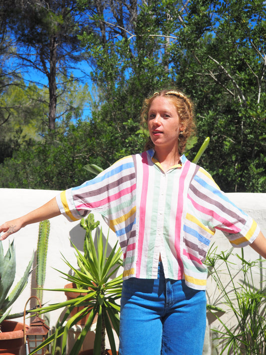 Vintage early 80’s fine cotton rainbow striped shirt with 80’s style sleeve details