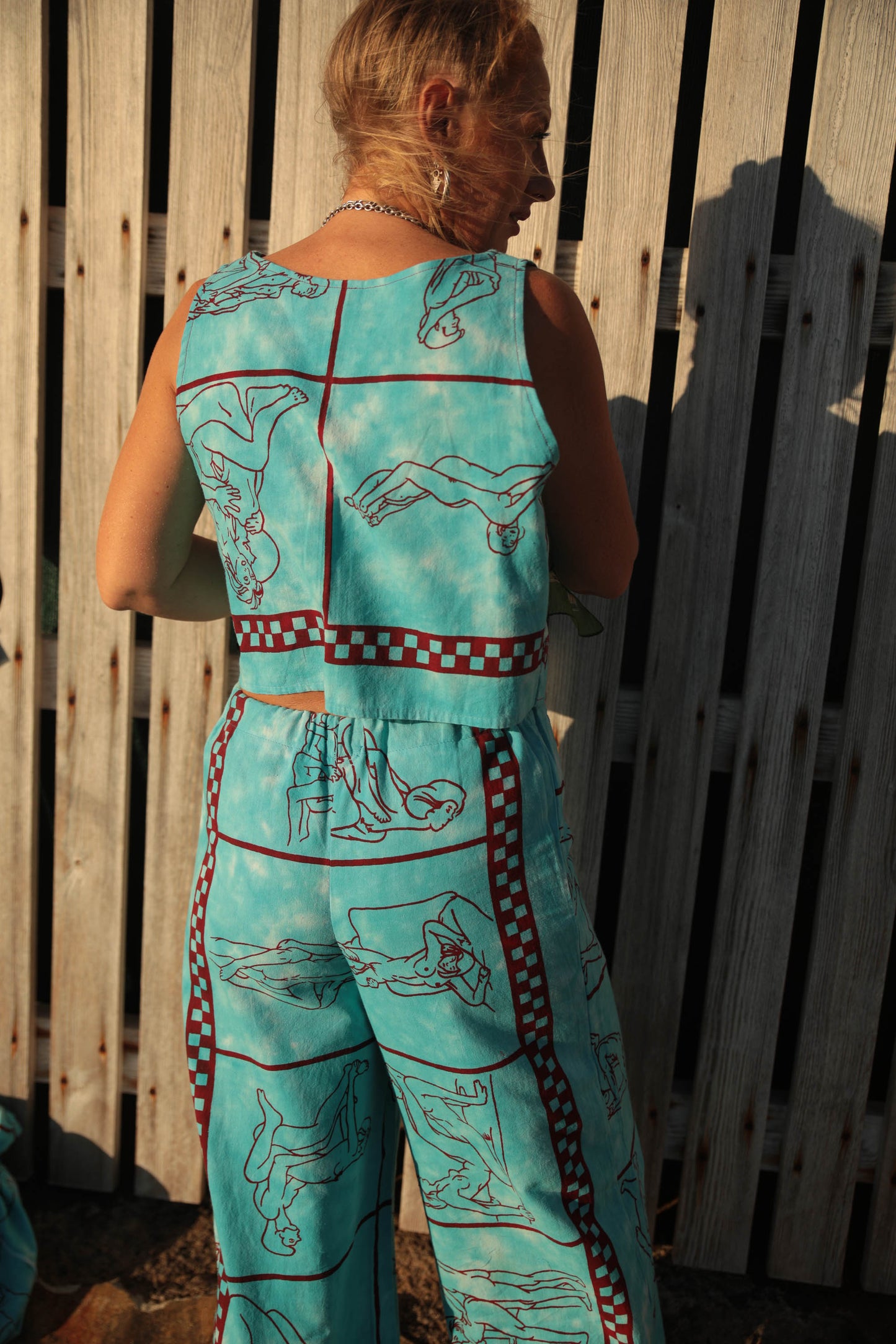 Up-cycled vintage cotton 2 piece set top and length kimono cover up with printed karma sutra design in bright blue pants sold separate
