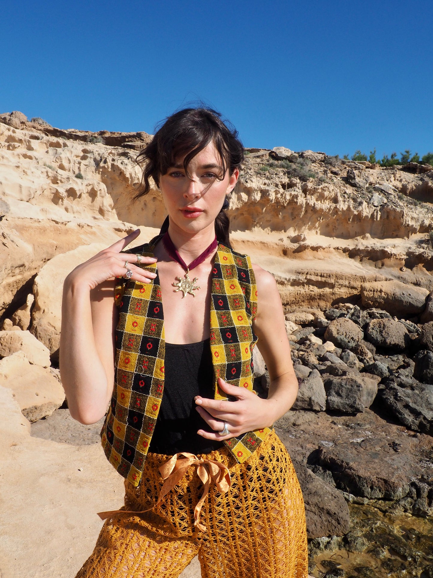 Small Cropped Waistcoat in Mustard Yellow, Black, and Red - Upcycled Vintage Textiles Made by Vagabond Ibiza