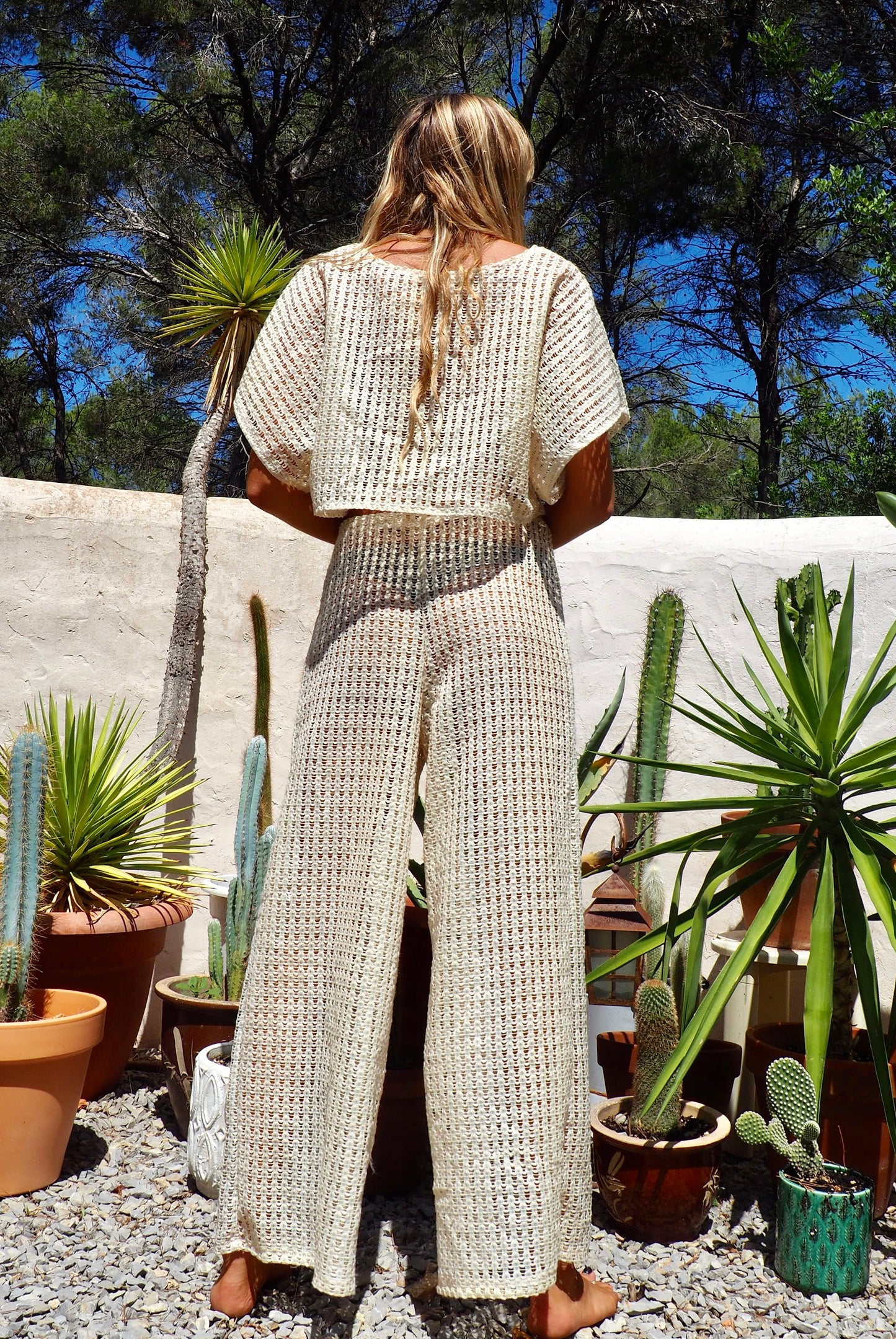 Up-cycled cream mesh woven shear crop top with sleeves by Vagabond Ibiza