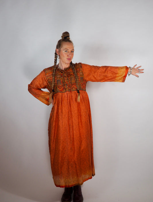 The Vadella Up-cycled Vintage Re-cycled Sari Maxi Dress – Sustainable Boho Dress with Tie Neck Detail + Matching Scrunchy & Bag