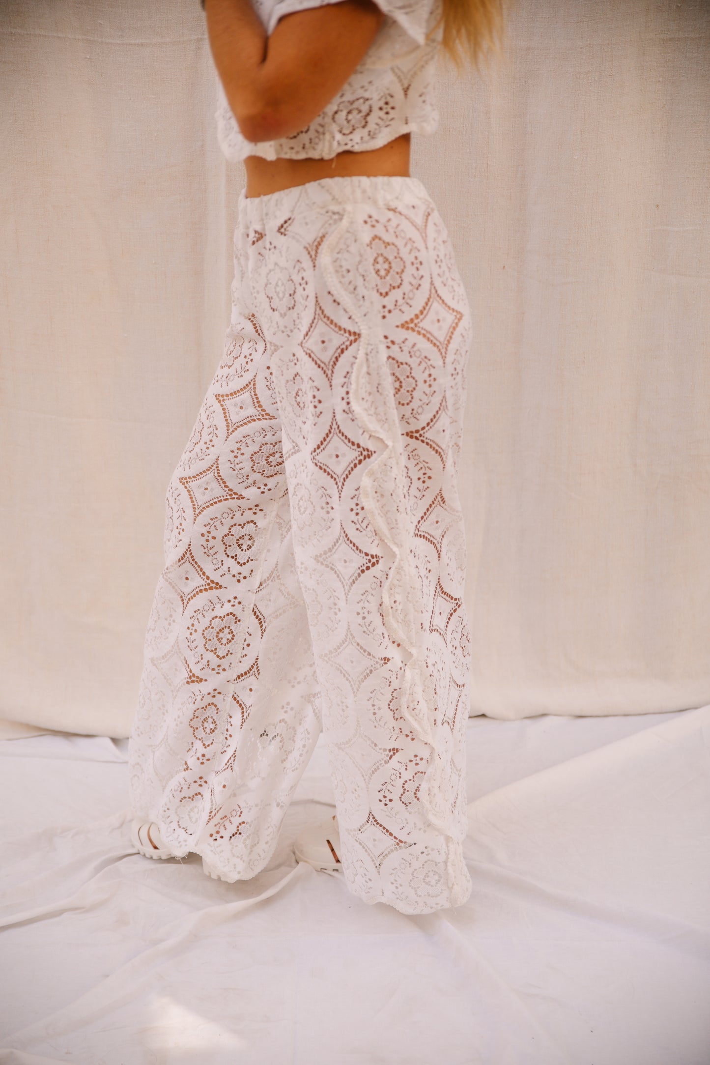 Up-cycled Vintage white Lace Trousers with Side Detailing – Handmade by Vagabond Ibiza