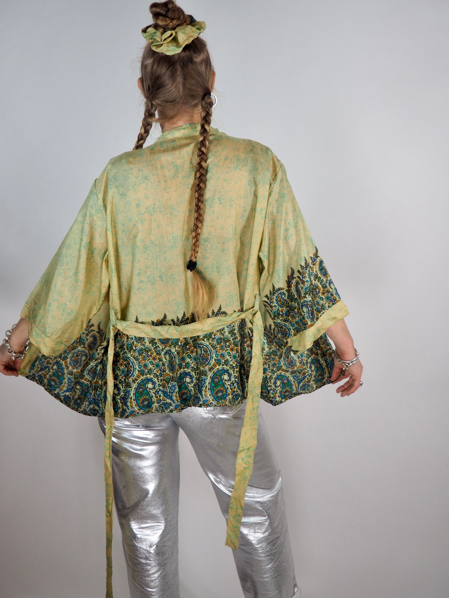 The Kardash Short Kimono – Vintage Re-cycled Sari Kimono Jacket with Waist Tie + Matching Scrunchy & Storage Bag