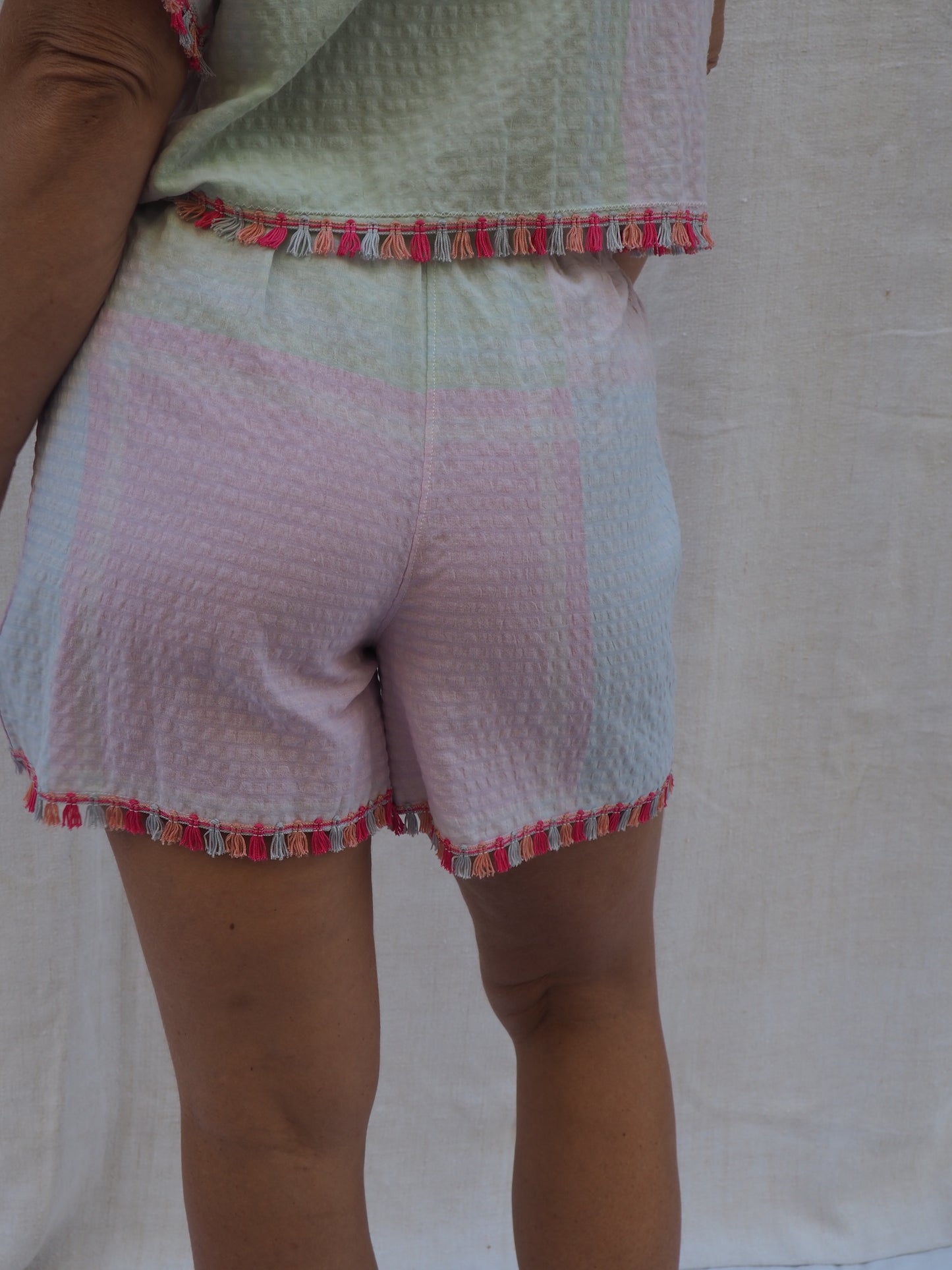 Up-cycled Vintage Cotton Two-Piece Set with Pom-Pom Trim – Handmade by Vagabond Ibiza