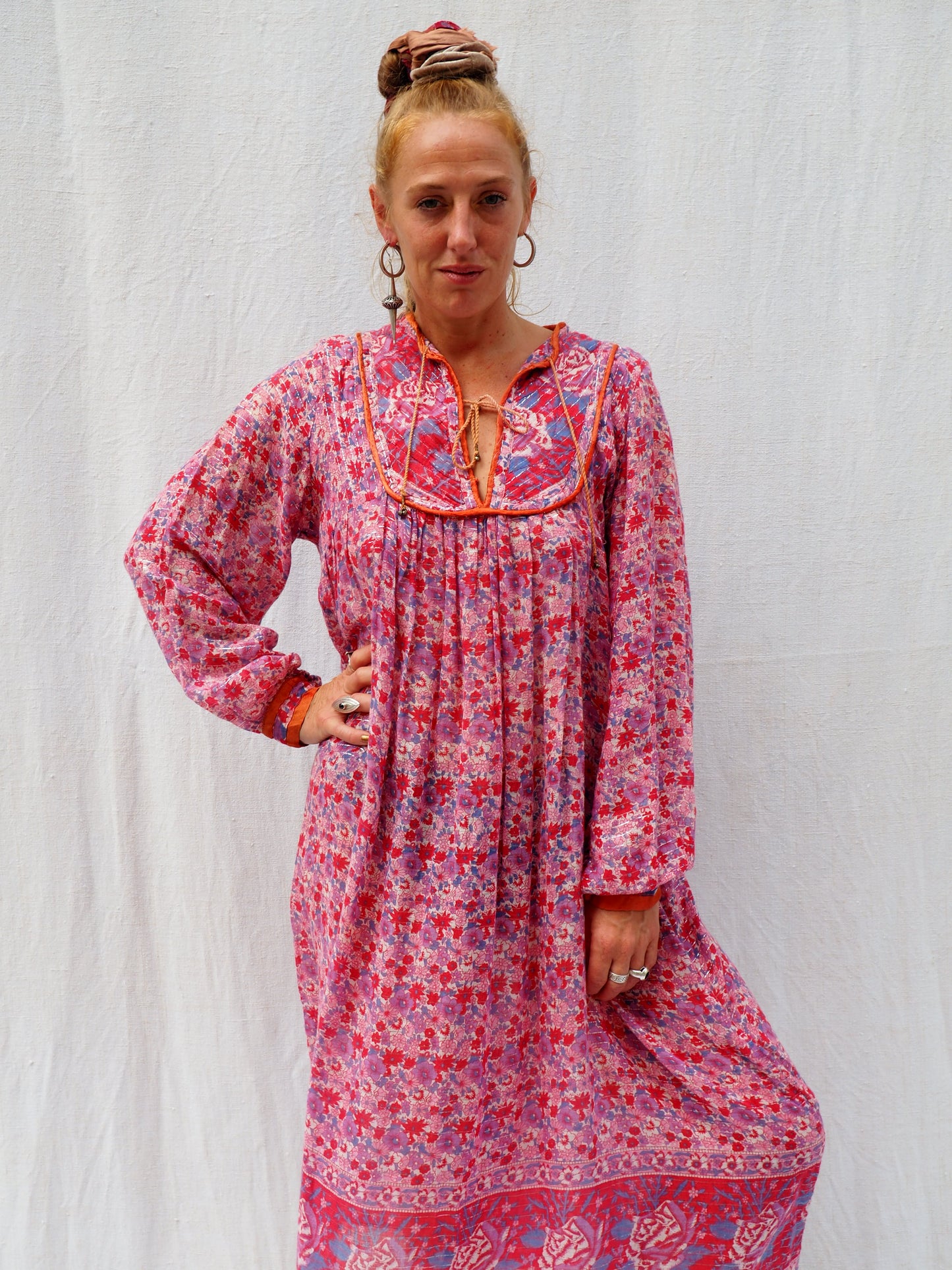 Vintage Original 1970’s rare Indian fine cotton block printed floral dress in pink