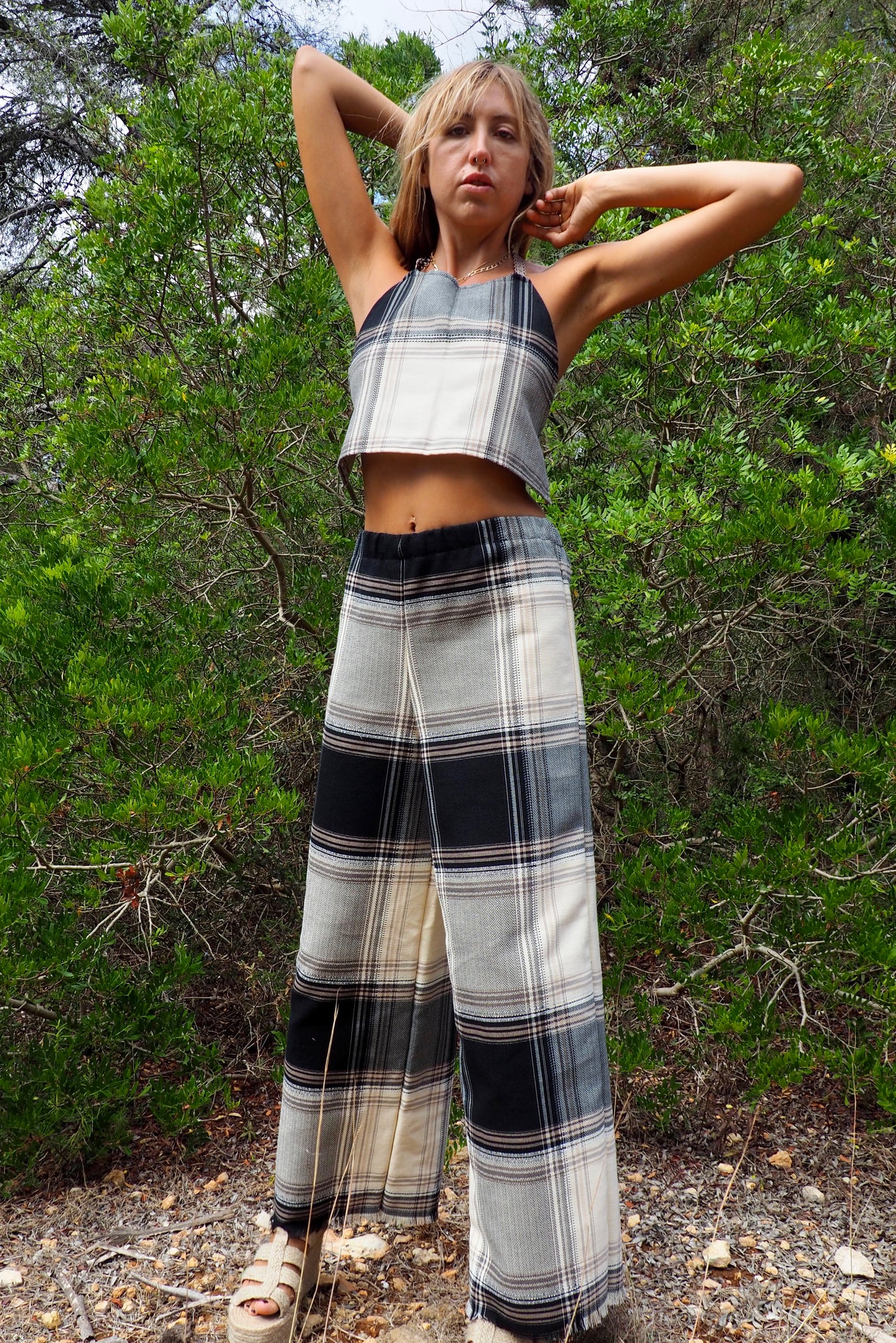 Up-cycled black and white checked tie crop top with nice quality a high end woven made by Vagabond Ibiza