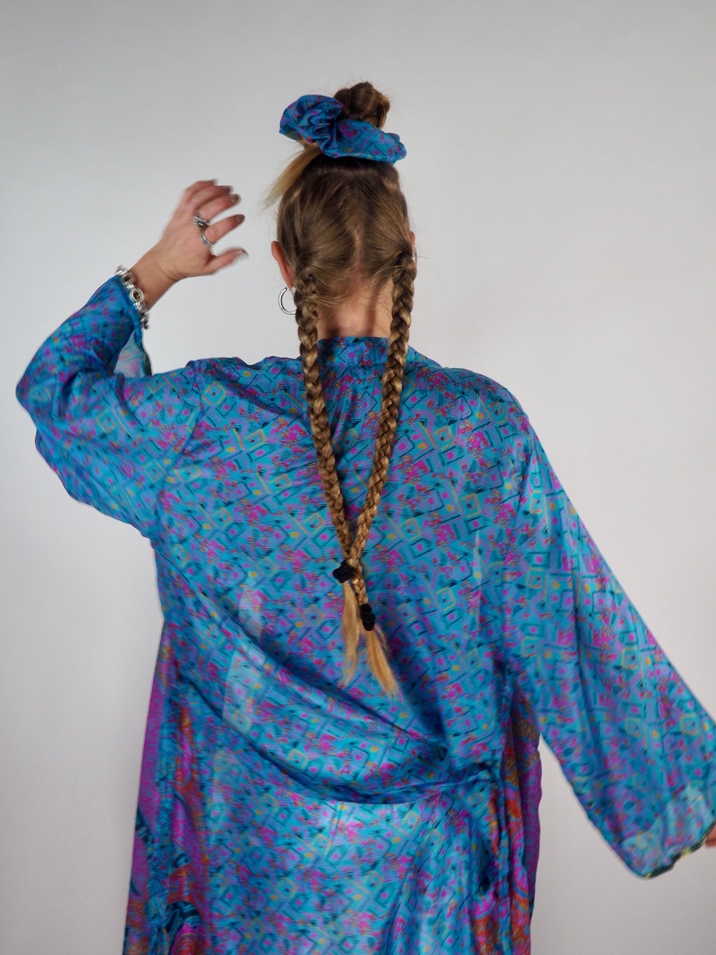 The Kardash Long Kimono – Up-cycled Vintage Sari long Kimono Robe with Waist Tie + Matching Scrunchy & Storage Bag