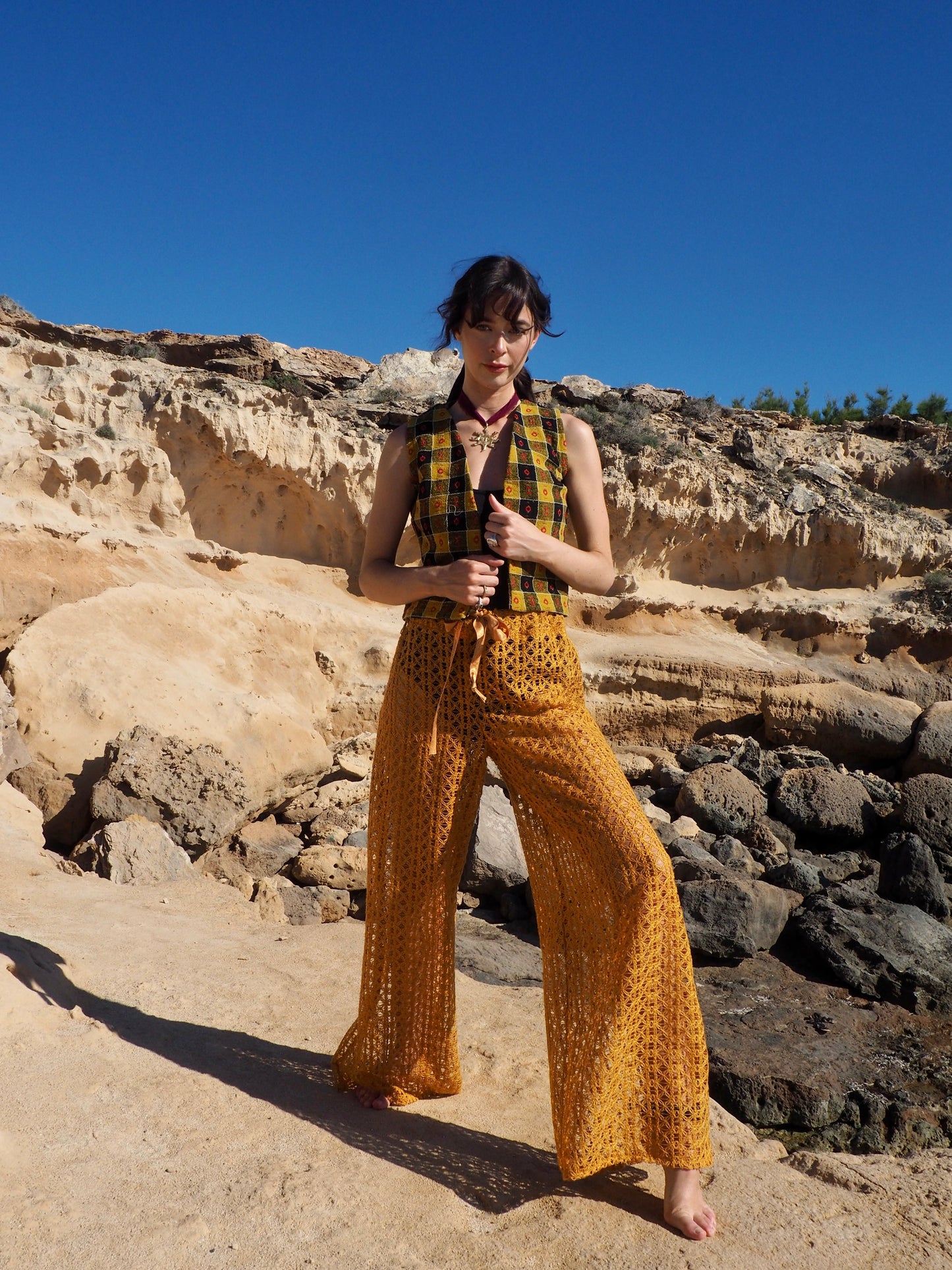 Up-cycled Mustard Yellow Wide-Leg Pants made from machine crochet textiles by Vagabond Ibiza