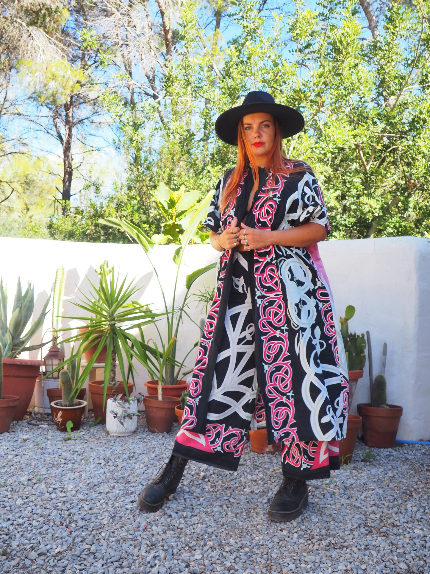 Long oversized waistcoat jacket up-cycled by Vagabond Ibiza from screen printed cotton textiles super cool.