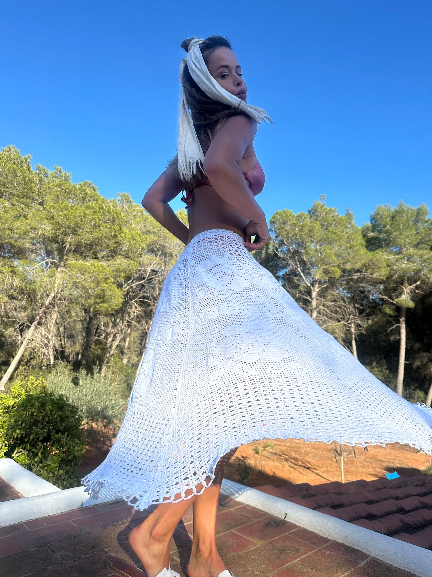 Long length white crochet shirt up-cycled by Vagabond Ibiza made by Vagabond Ibiza