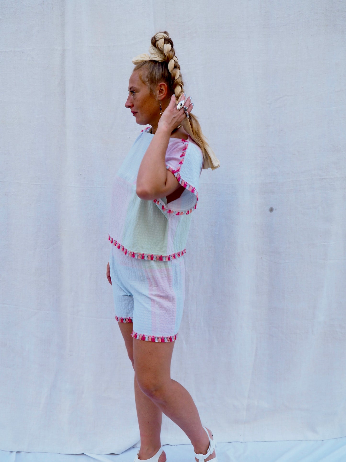 Up-cycled Vintage Cotton Two-Piece Set with Pom-Pom Trim – Handmade by Vagabond Ibiza