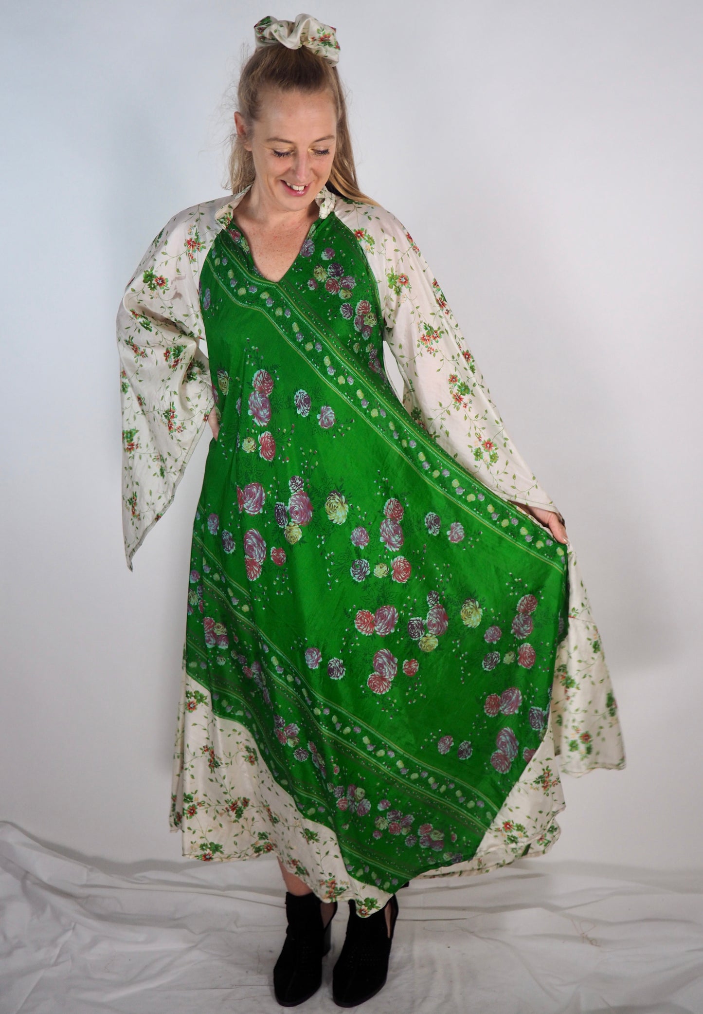 The Diamond Bias-Cut Maxi Dress – Up-cycled Vintage Sari Sustainable Dress with angel Sleeves + Matching Scrunchy & Bag