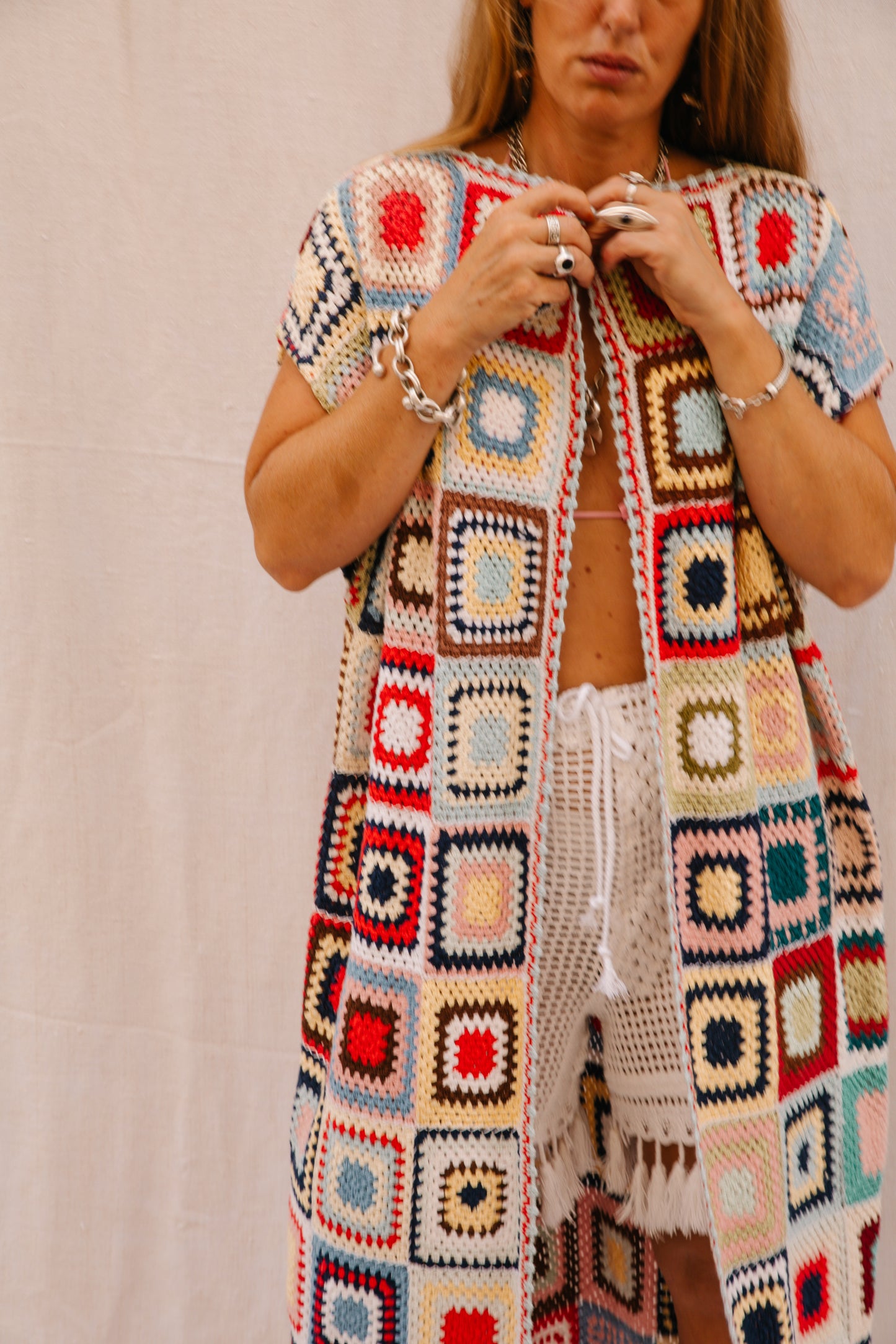 Vintage 1970s Granny Square Crochet blanket jacket waistcoat up-cycled by Vagabond Ibiza