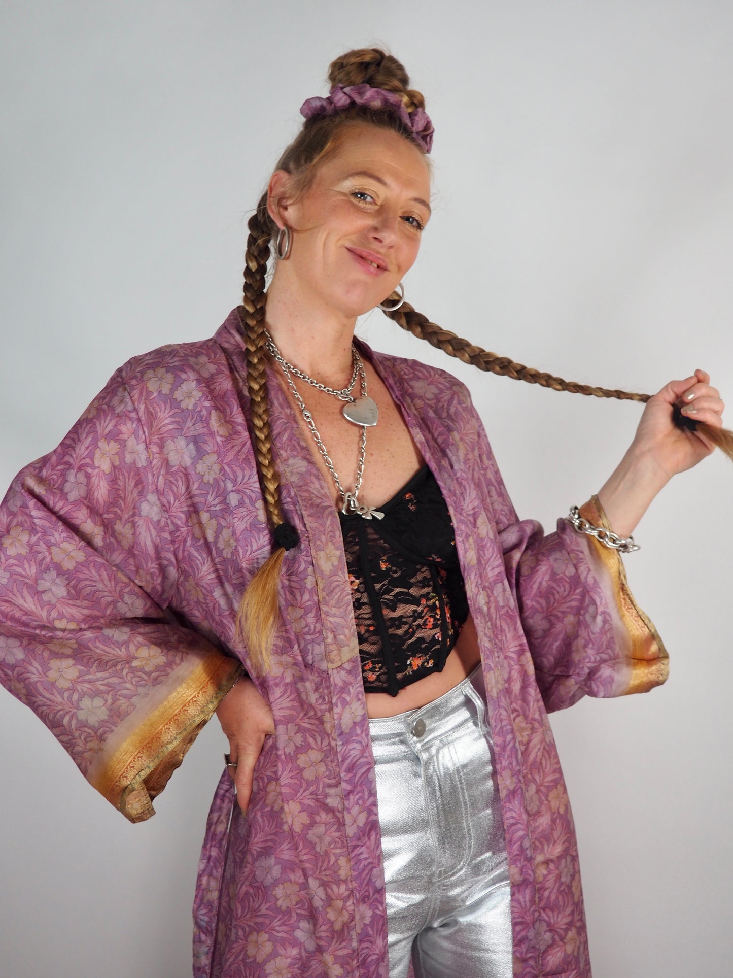 The Kardash Long Kimono – Up-cycled Vintage Sari long Kimono Robe with Waist Tie + Matching Scrunchy & Storage Bag