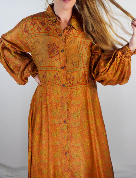 The Lenya Up-cycled Vintage Sari Dress – Sustainable Boho Dress with Oversized Sleeves Matching Scrunchy & Storage Bag