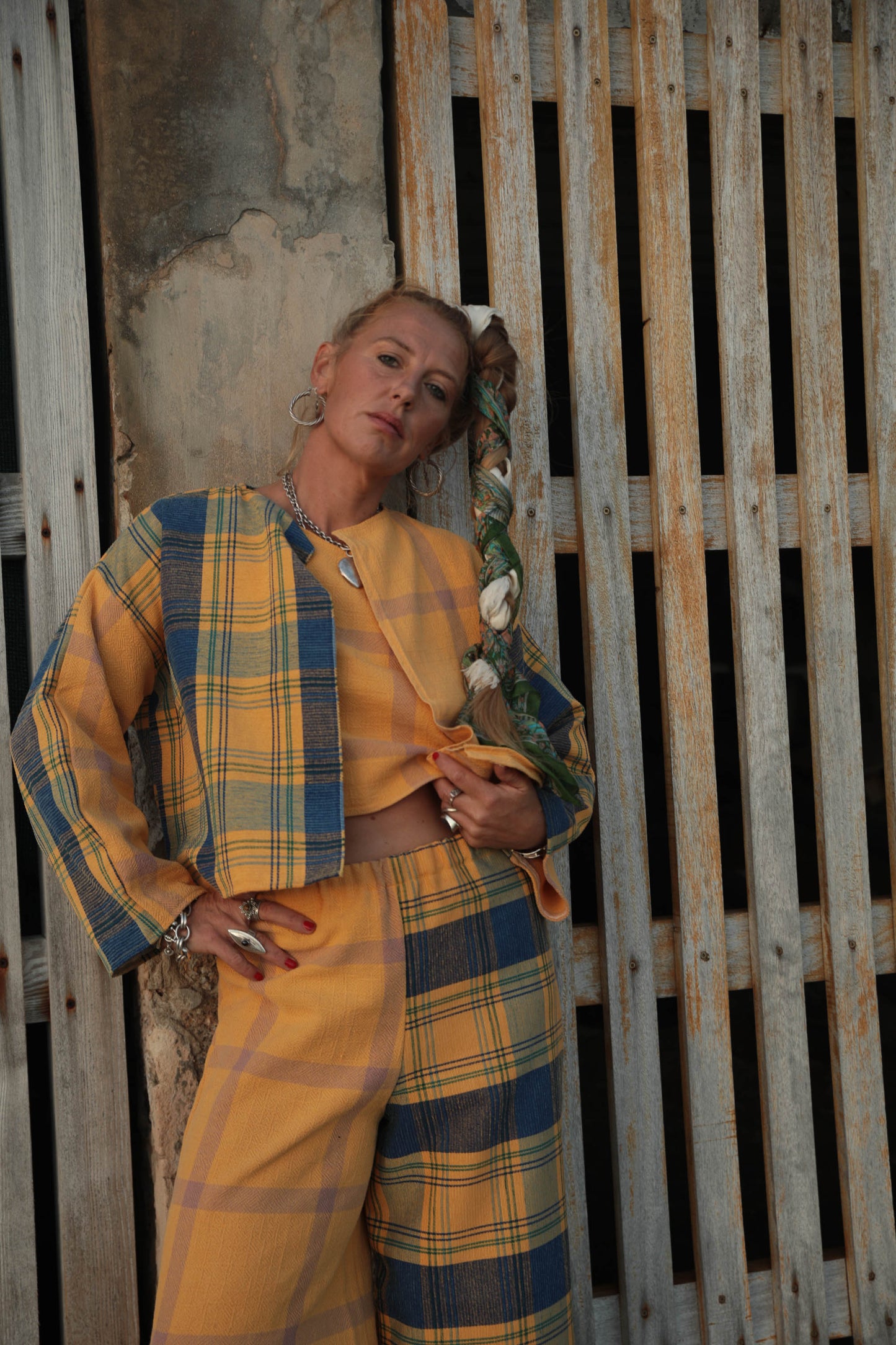 Up-cycled vintage cotton short jackets only from vintage textiles patch together with a yellow and blue checked design.