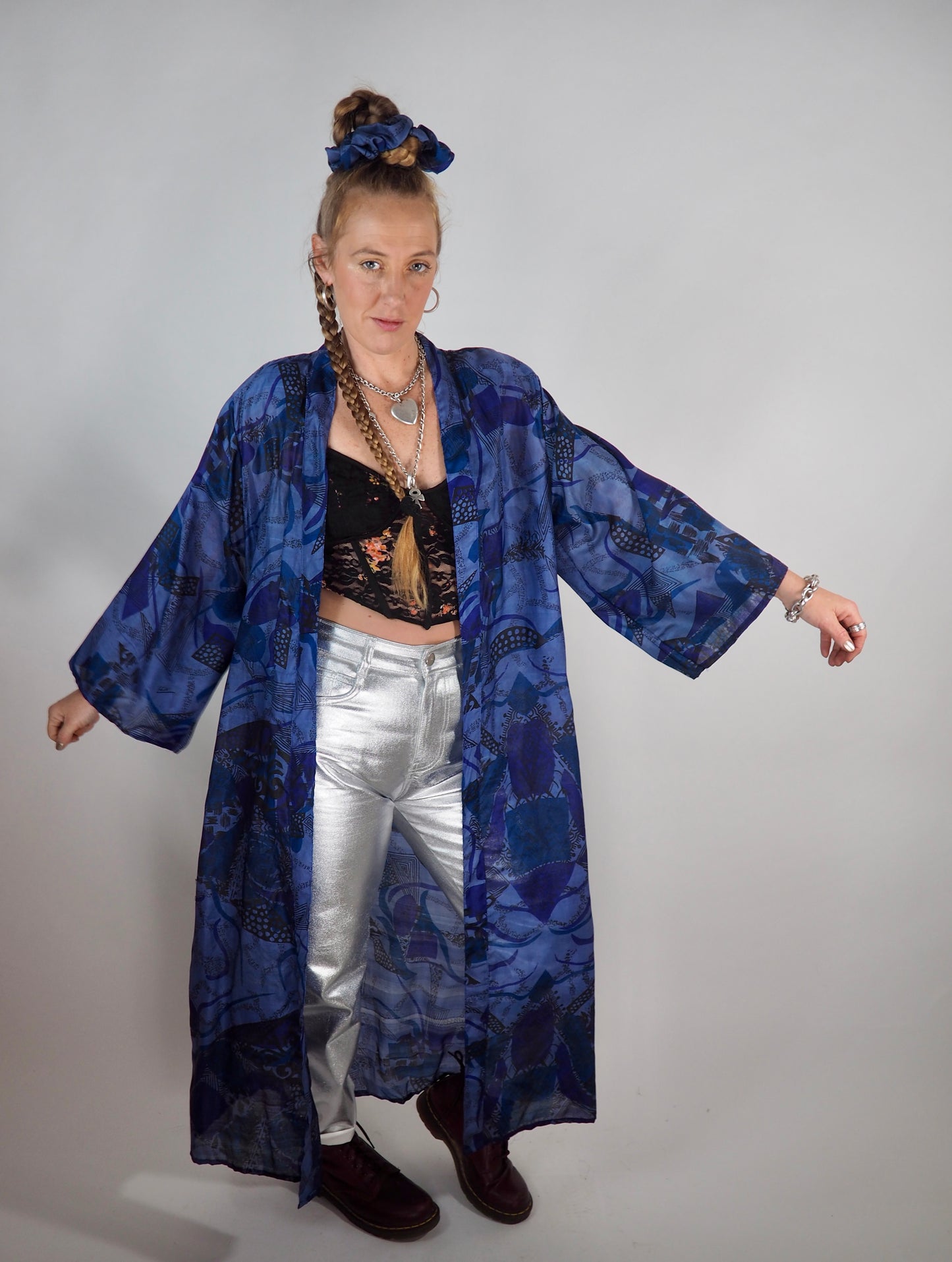 The Kardash Long Kimono – Up-cycled Vintage Sari long Kimono Robe with Waist Tie + Matching Scrunchy & Storage Bag