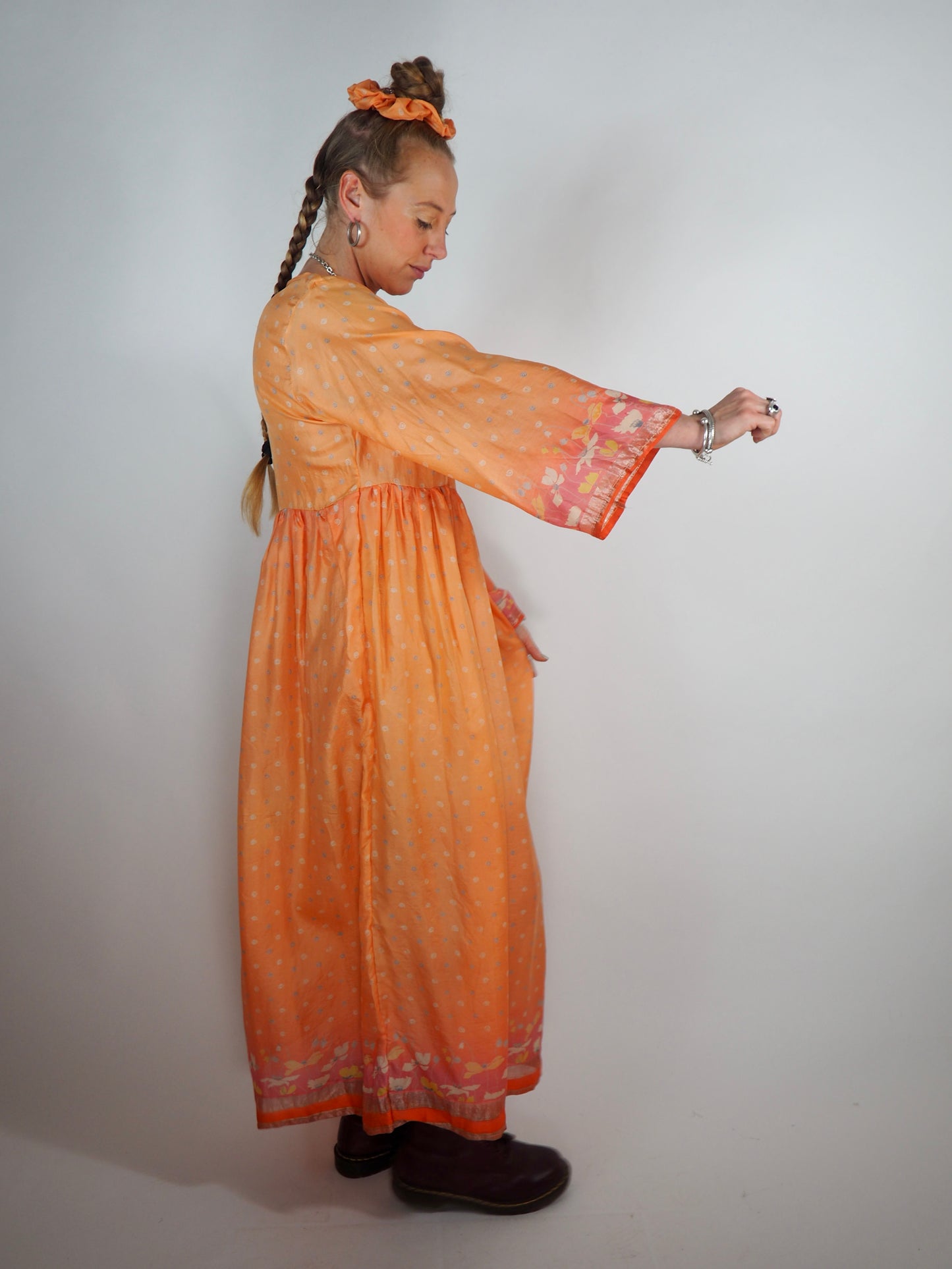 The Vadella Up-cycled Vintage Re-cycled Sari Maxi Dress – Sustainable Boho Dress with Tie Neck Detail + Matching Scrunchy & Bag