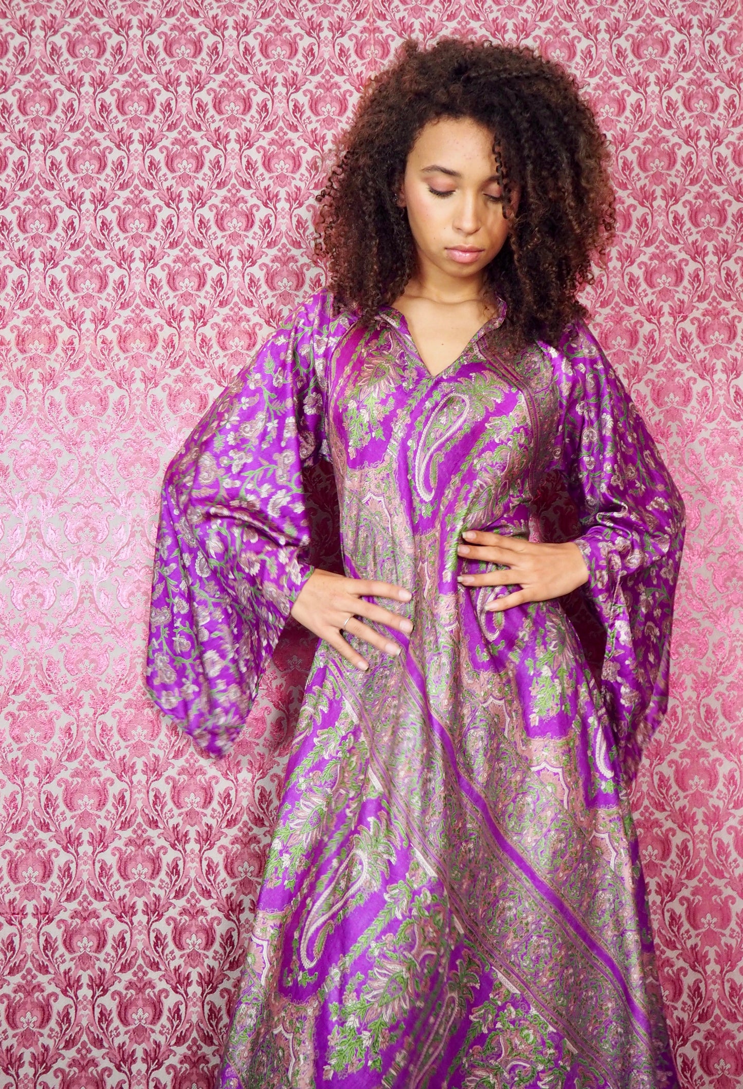 The Diamond Bias-Cut Maxi Dress – Up-cycled Vintage Sari Sustainable Dress with angel Sleeves + Matching Scrunchy & Bag